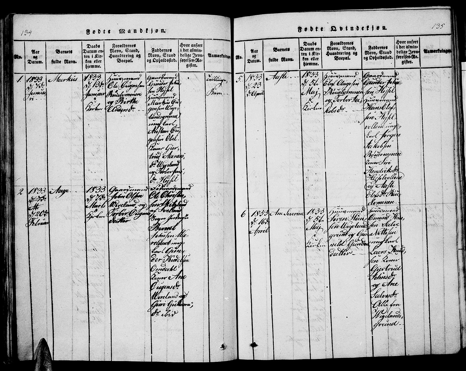 Vennesla sokneprestkontor, AV/SAK-1111-0045/Fb/Fbb/L0001: Klokkerbok nr. B 1, 1820-1834, s. 134-135