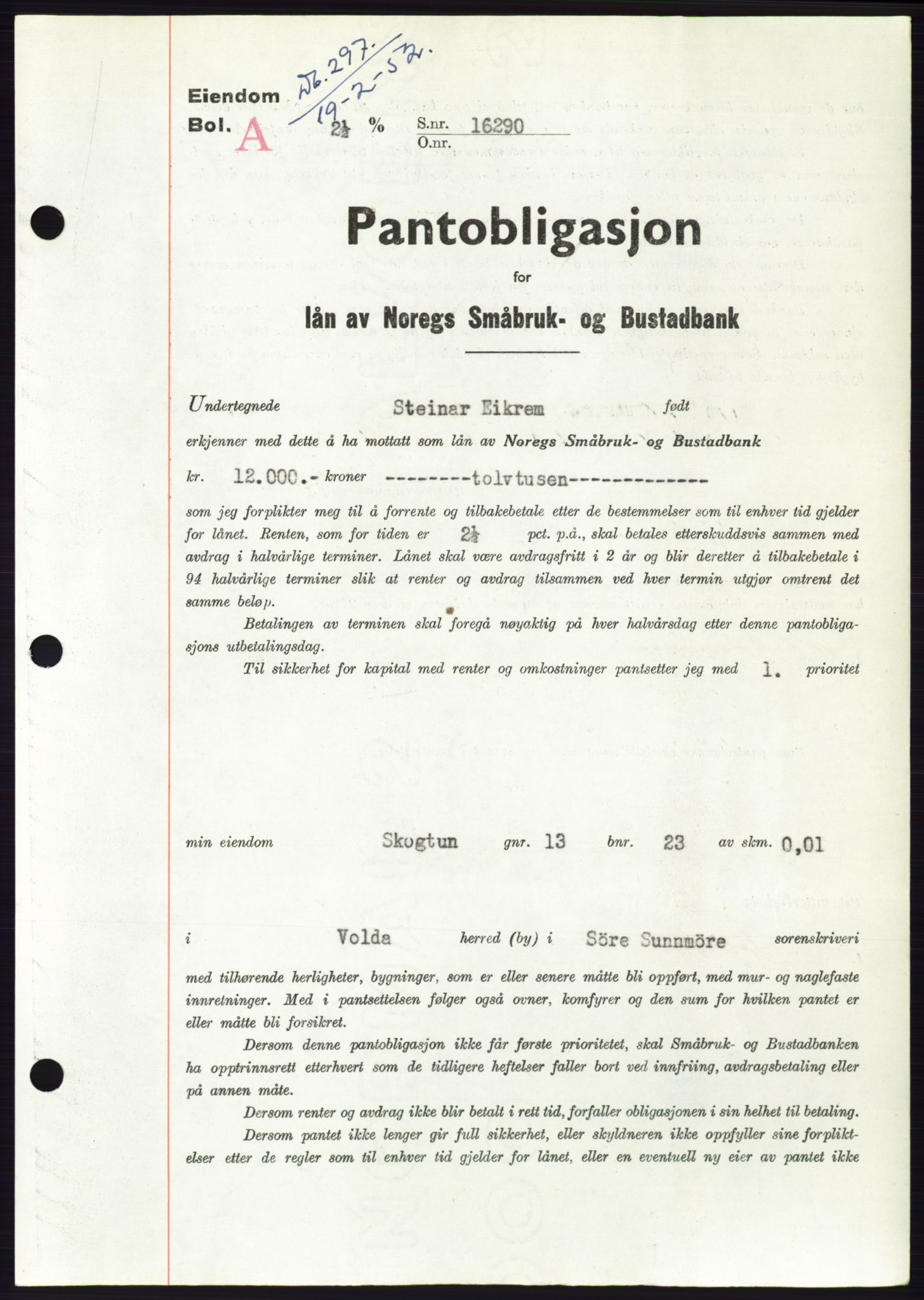 Søre Sunnmøre sorenskriveri, AV/SAT-A-4122/1/2/2C/L0121: Pantebok nr. 9B, 1951-1952, Dagboknr: 297/1952