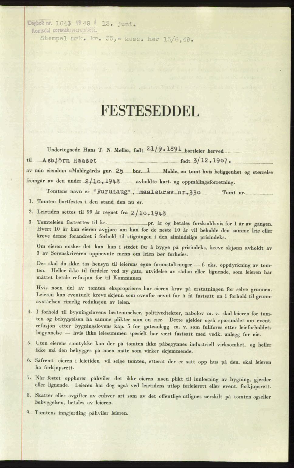 Romsdal sorenskriveri, SAT/A-4149/1/2/2C: Pantebok nr. A30, 1949-1949, Dagboknr: 1643/1949