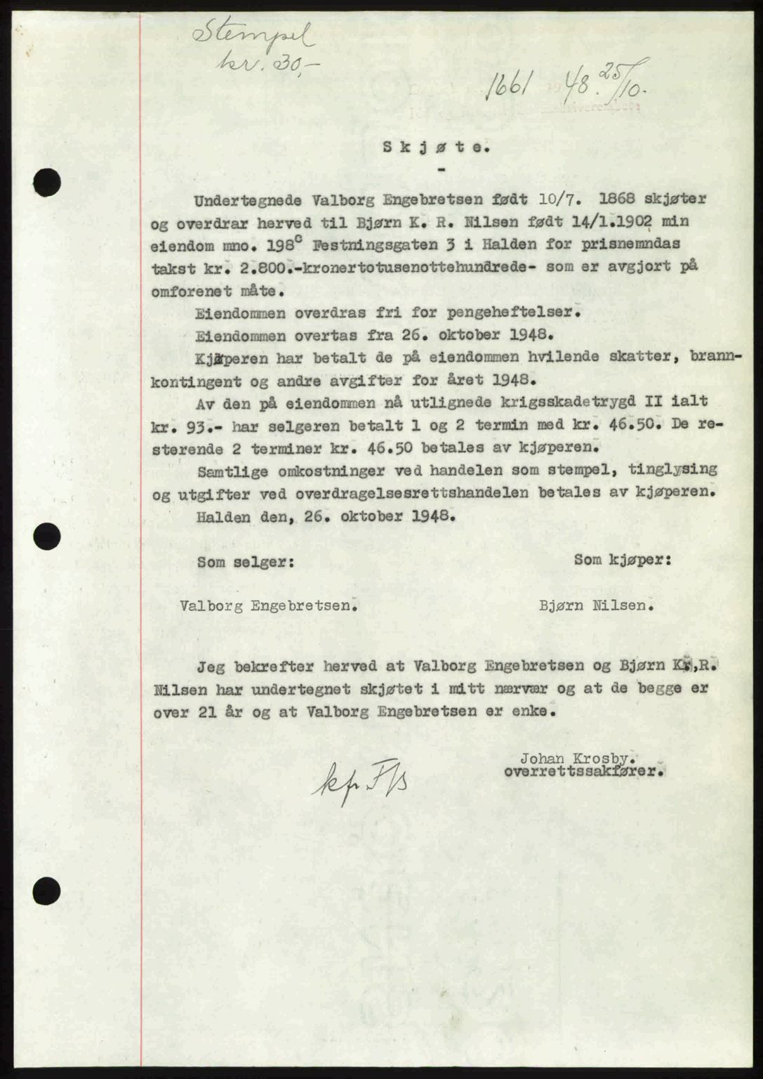 Idd og Marker sorenskriveri, SAO/A-10283/G/Gb/Gbb/L0011: Pantebok nr. A11, 1948-1949, Dagboknr: 1661/1948