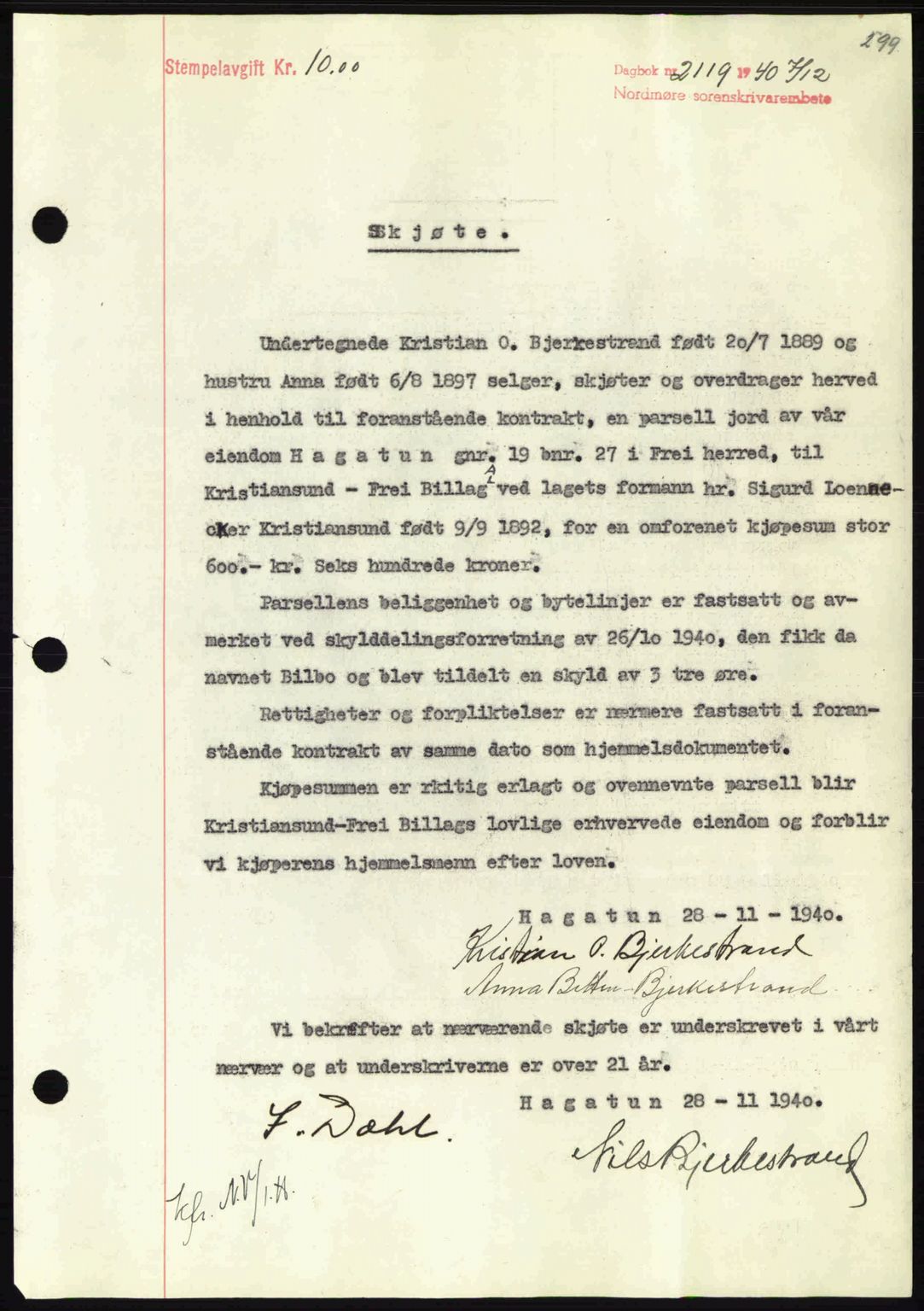 Nordmøre sorenskriveri, SAT/A-4132/1/2/2Ca: Pantebok nr. A89, 1940-1941, Dagboknr: 2119/1940