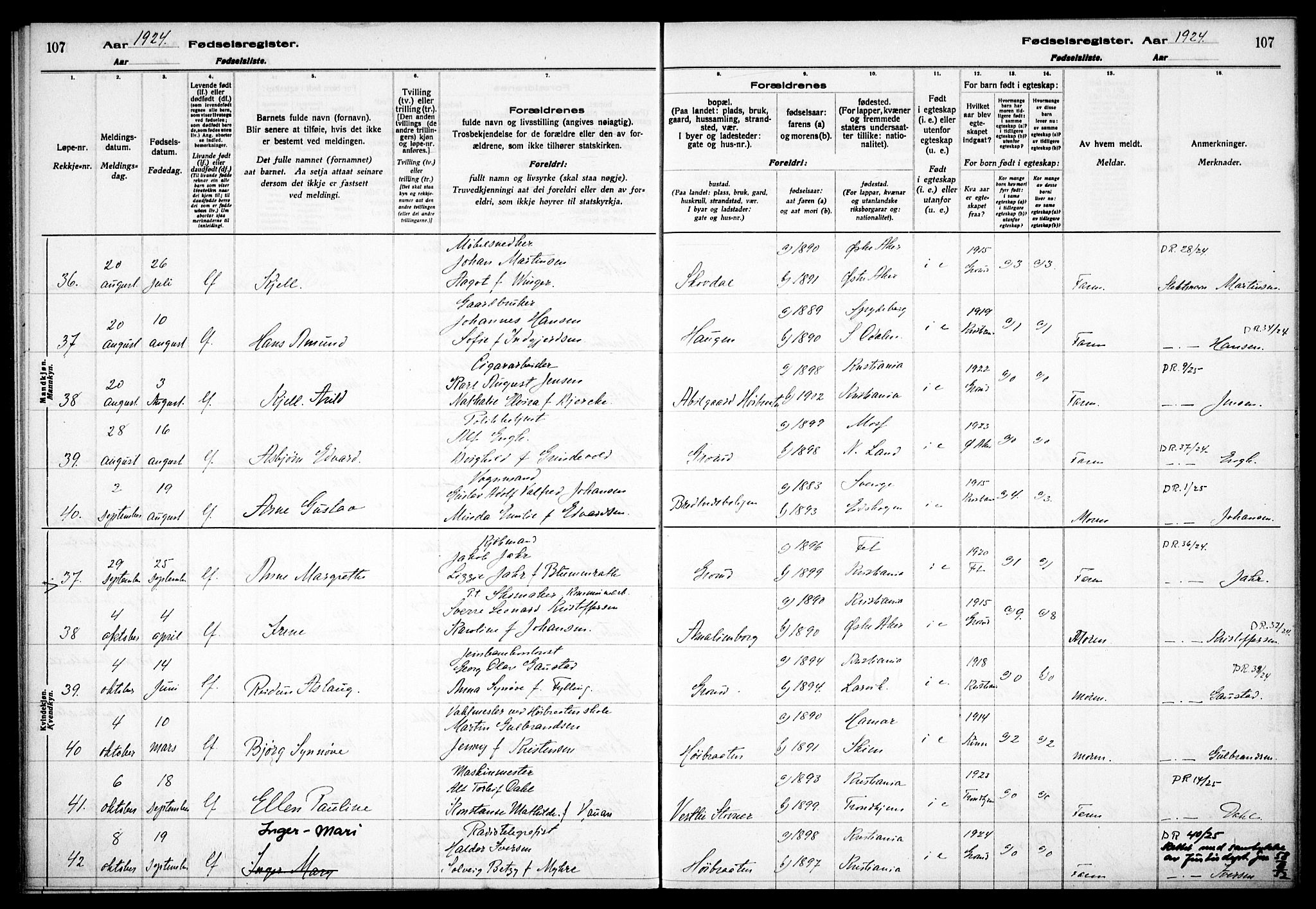Østre Aker prestekontor Kirkebøker, AV/SAO-A-10840/J/Jb/L0001: Fødselsregister nr. II 1, 1916-1932, s. 107