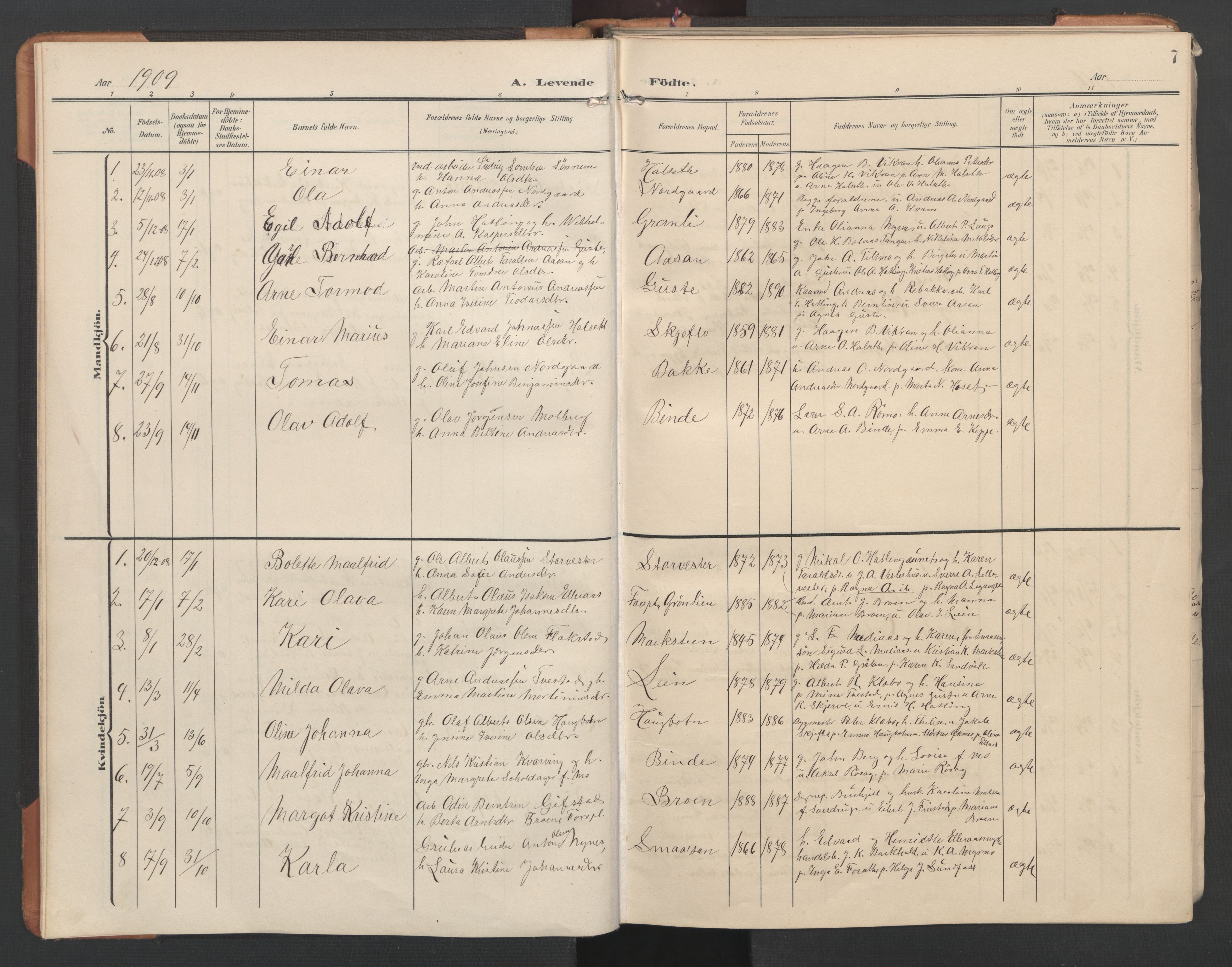 Ministerialprotokoller, klokkerbøker og fødselsregistre - Nord-Trøndelag, AV/SAT-A-1458/746/L0455: Klokkerbok nr. 746C01, 1908-1933, s. 7