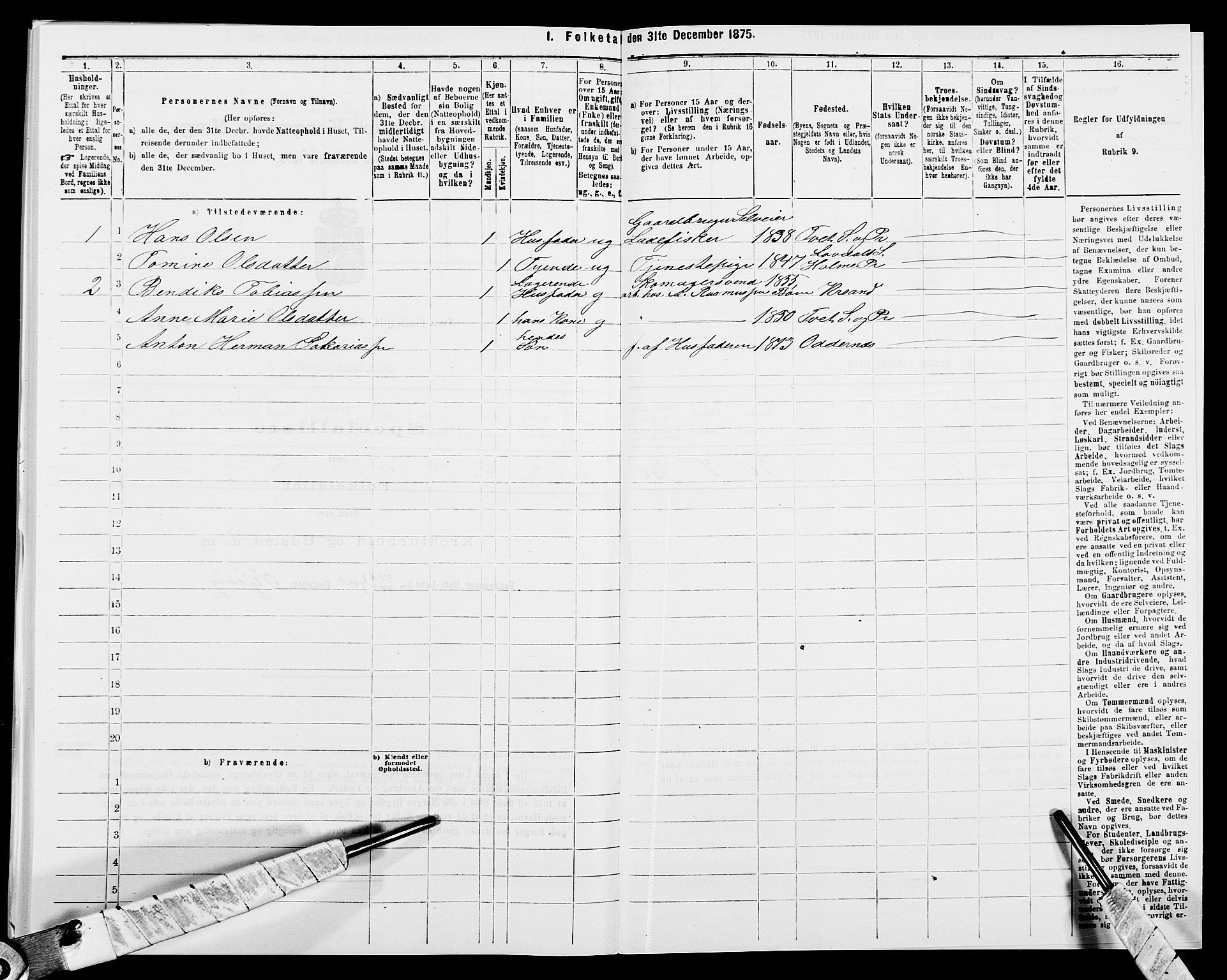 SAK, Folketelling 1875 for 1013P Tveit prestegjeld, 1875, s. 498