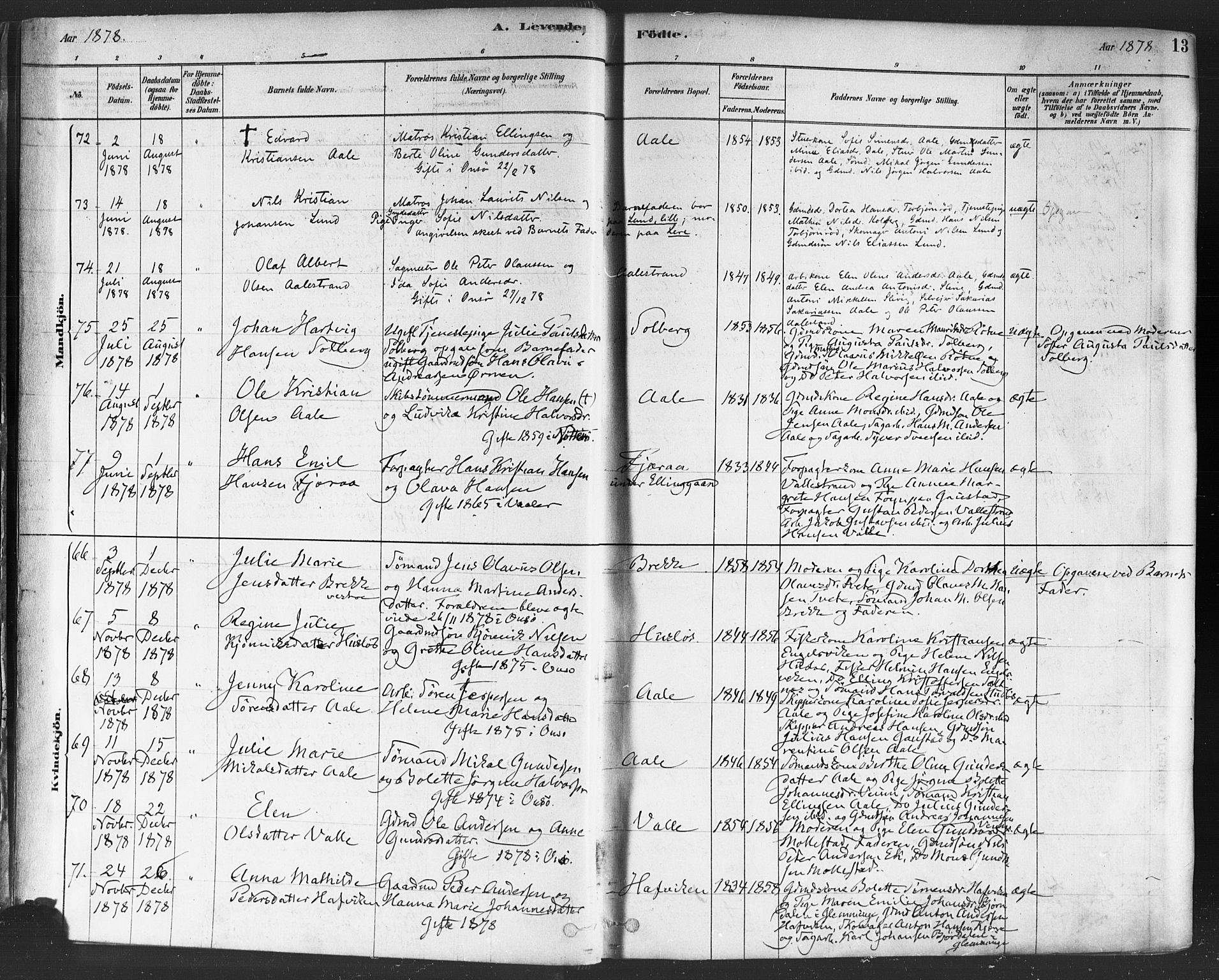 Onsøy prestekontor Kirkebøker, AV/SAO-A-10914/F/Fa/L0005: Ministerialbok nr. I 5, 1878-1898, s. 13