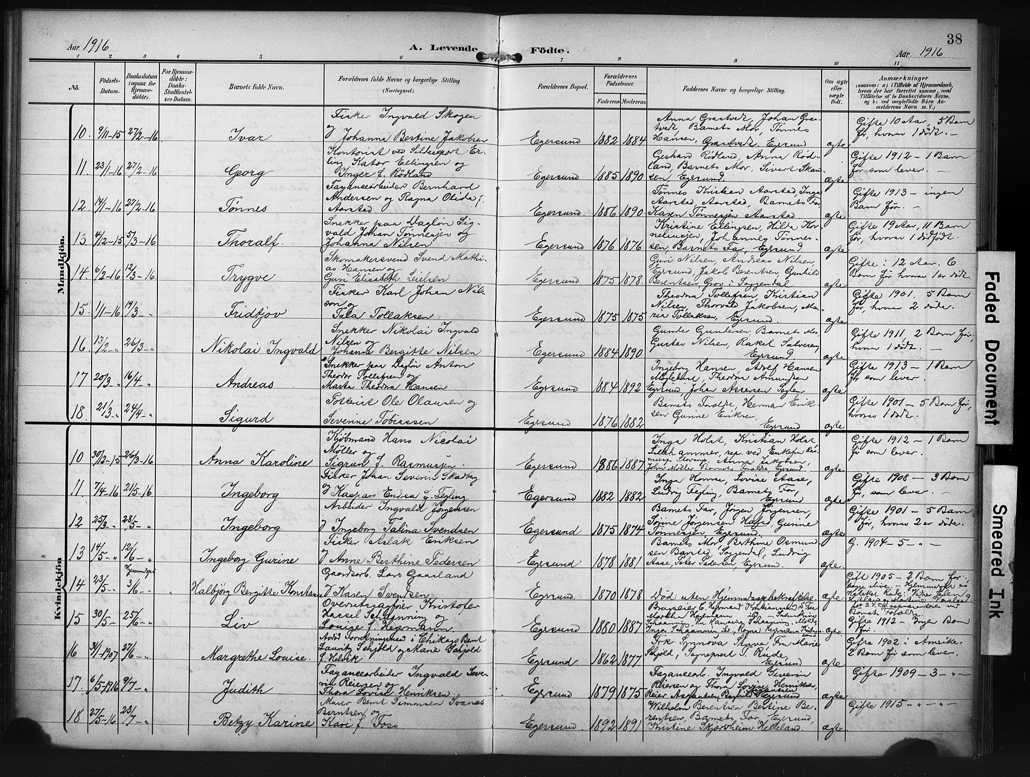 Eigersund sokneprestkontor, AV/SAST-A-101807/S09/L0012: Klokkerbok nr. B 12, 1908-1930, s. 38