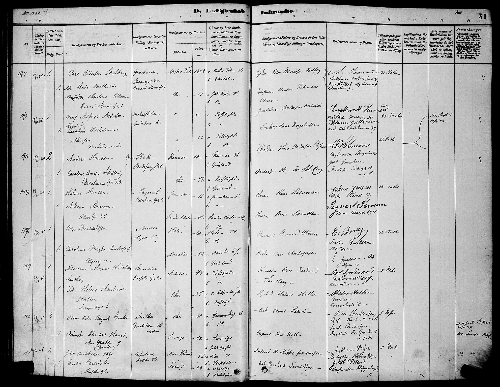 Trefoldighet prestekontor Kirkebøker, AV/SAO-A-10882/H/Ha/L0003: Lysningsprotokoll nr. 3, 1878-1888, s. 41