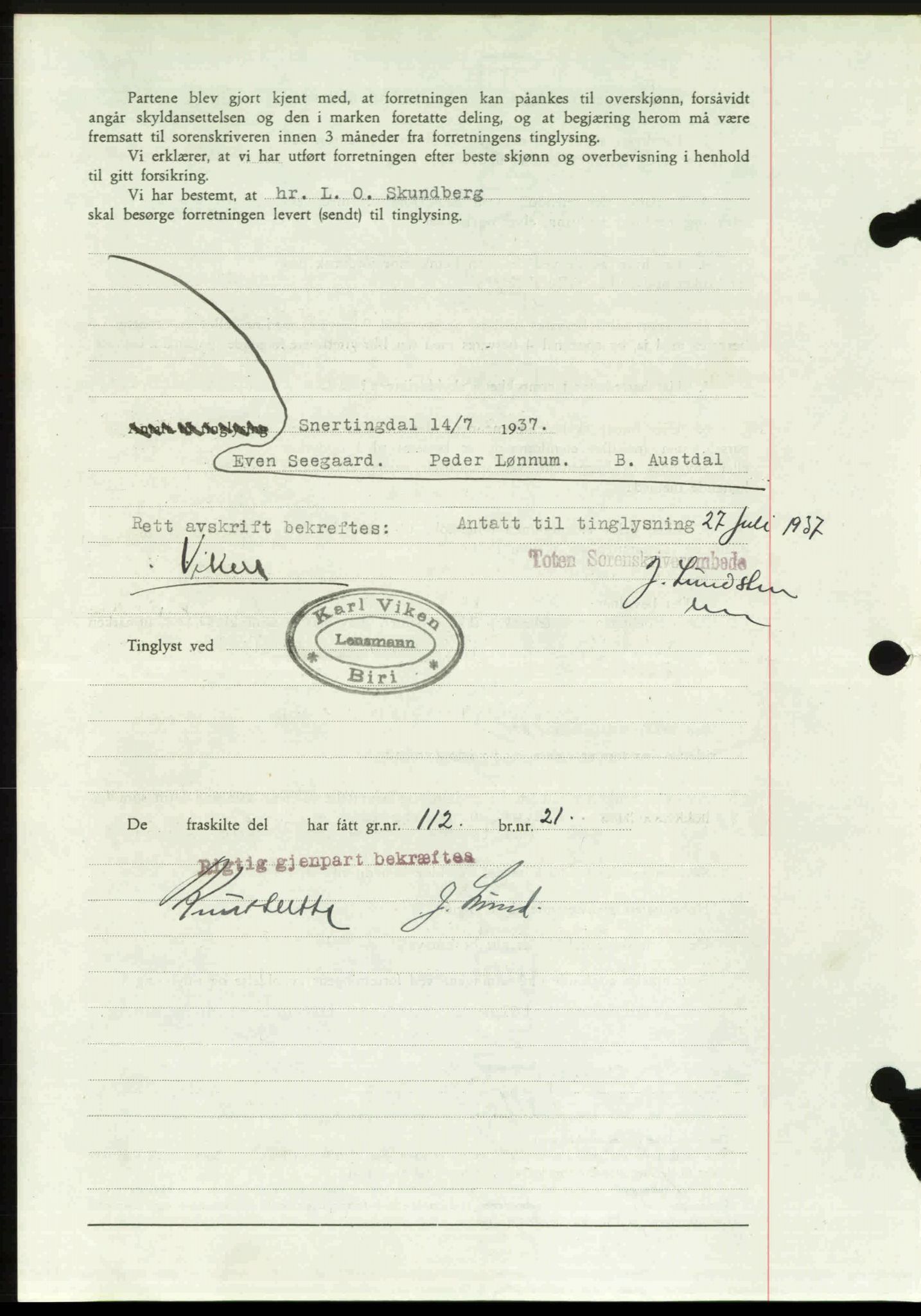 Toten tingrett, SAH/TING-006/H/Hb/Hbc/L0003: Pantebok nr. Hbc-03, 1937-1938, Dagboknr: 1816/1937