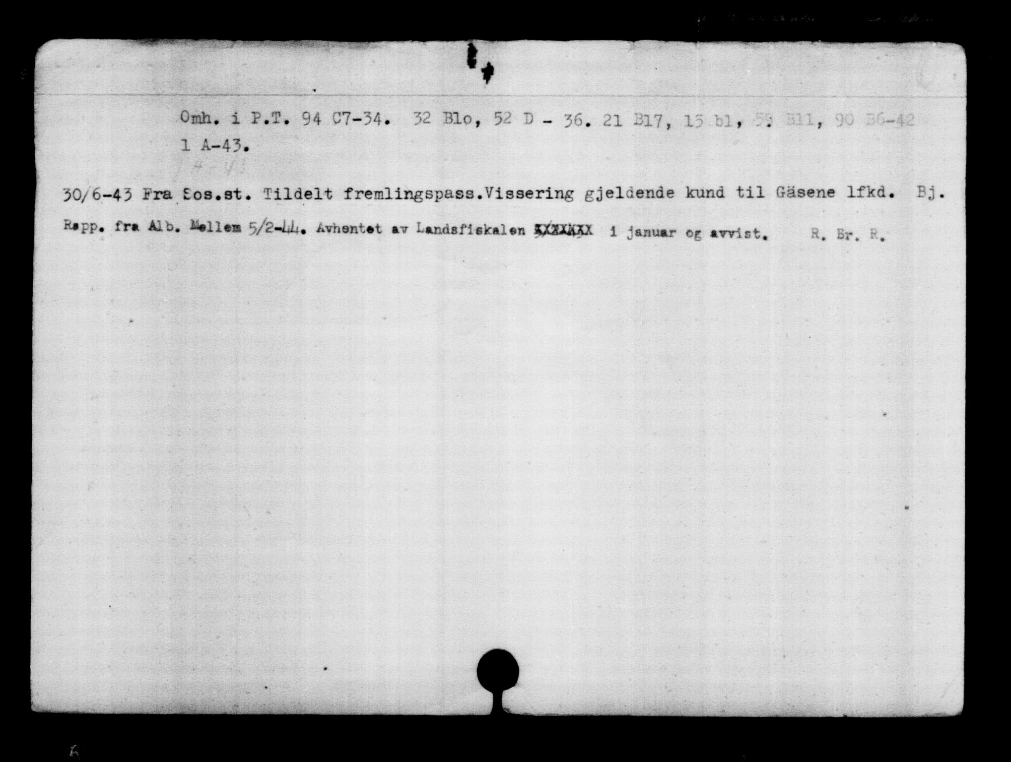 Utenriksstasjonene, Legasjonen i Stockholm, Flyktningkontoret, AV/RA-S-6753/V/Va/L0006: Kjesäterkartoteket, flyktninger med registreringsnr. 9400-12711, 1940-1945, s. 3058