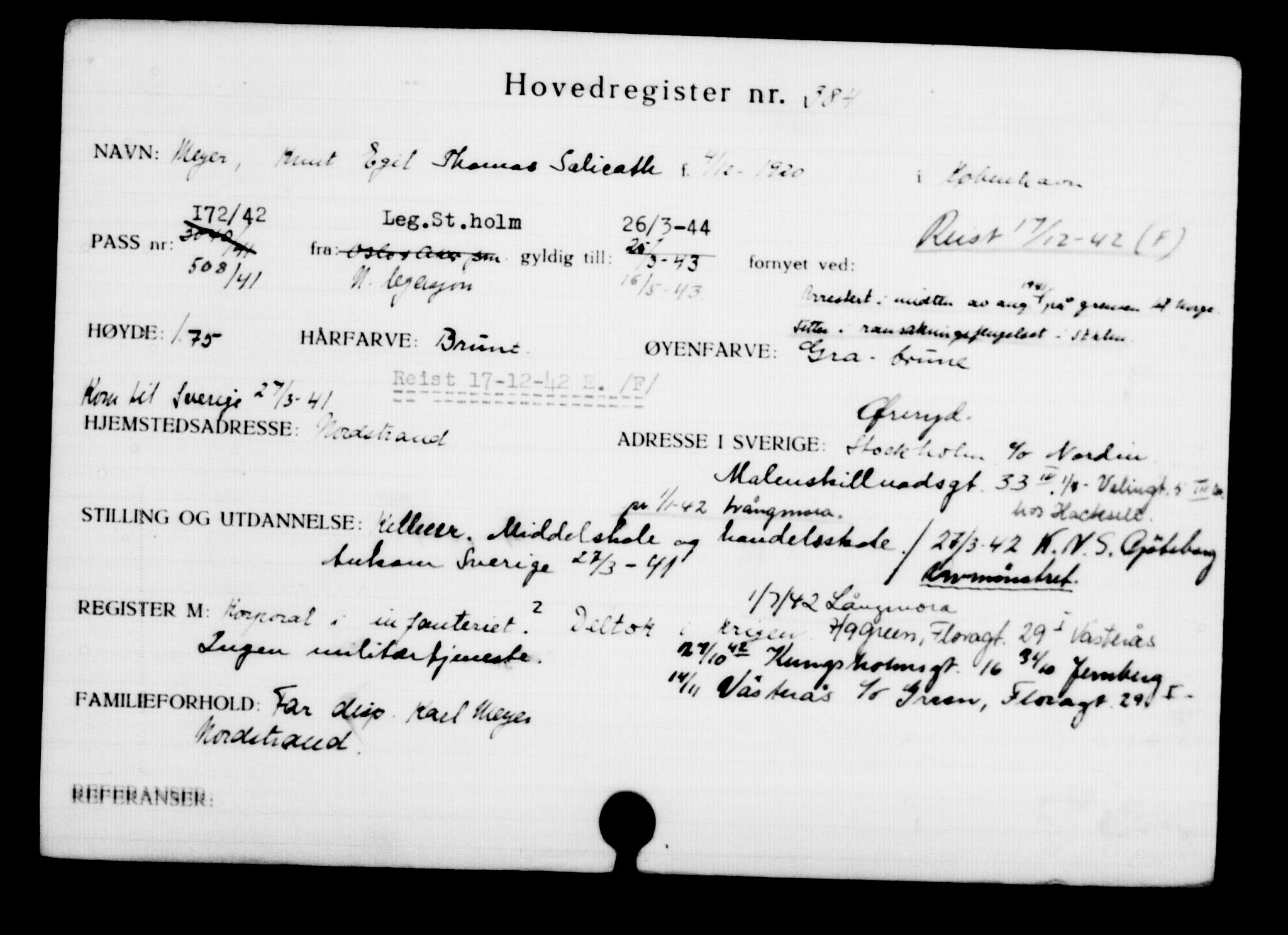 Utenriksstasjonene, Legasjonen i Stockholm, Flyktningkontoret, AV/RA-S-6753/V/Va/L0001: Kjesäterkartoteket, flyktninger med registreringsnr. 1-1000, 1940-1945, s. 605