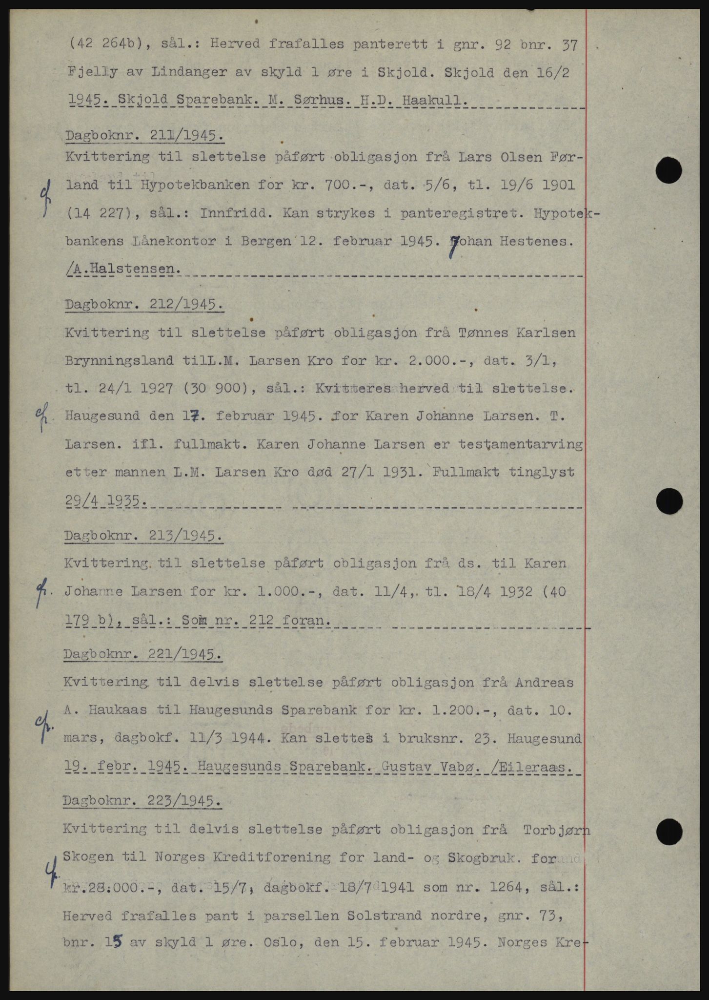 Karmsund sorenskriveri, AV/SAST-A-100311/01/II/IIBBE/L0010: Pantebok nr. B 56, 1944-1945, Dagboknr: 211/1945