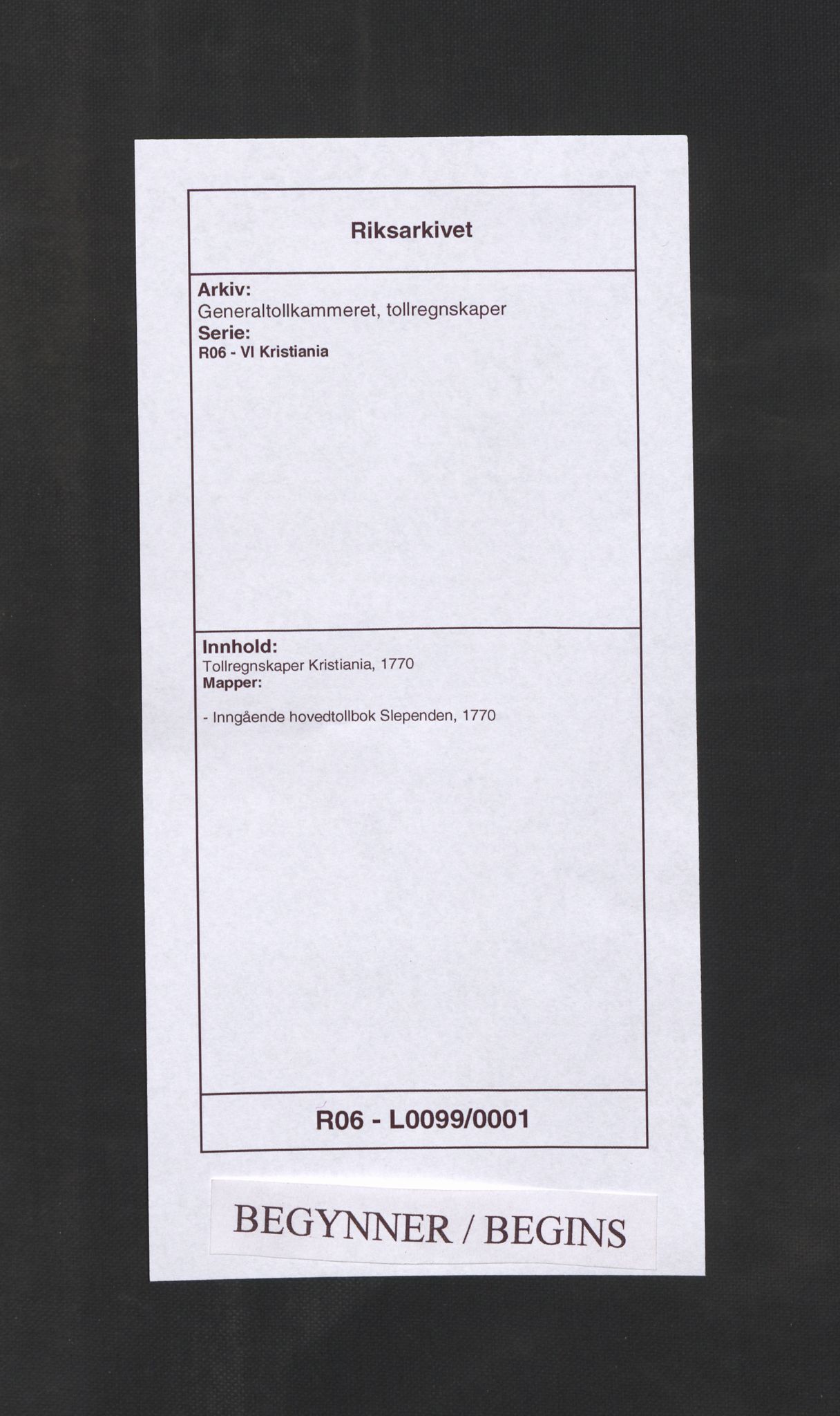 Generaltollkammeret, tollregnskaper, RA/EA-5490/R06/L0099/0001: Tollregnskaper Kristiania / Inngående hovedtollbok Slependen, 1770