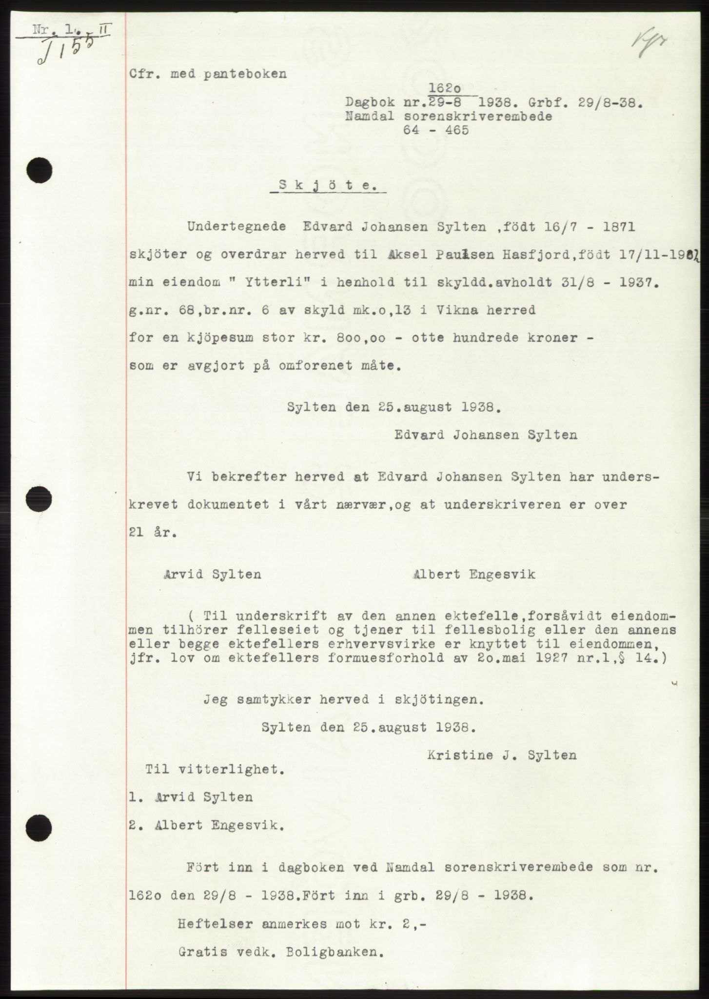 Namdal sorenskriveri, SAT/A-4133/1/2/2C: Pantebok nr. -, 1937-1939, Tingl.dato: 29.08.1938