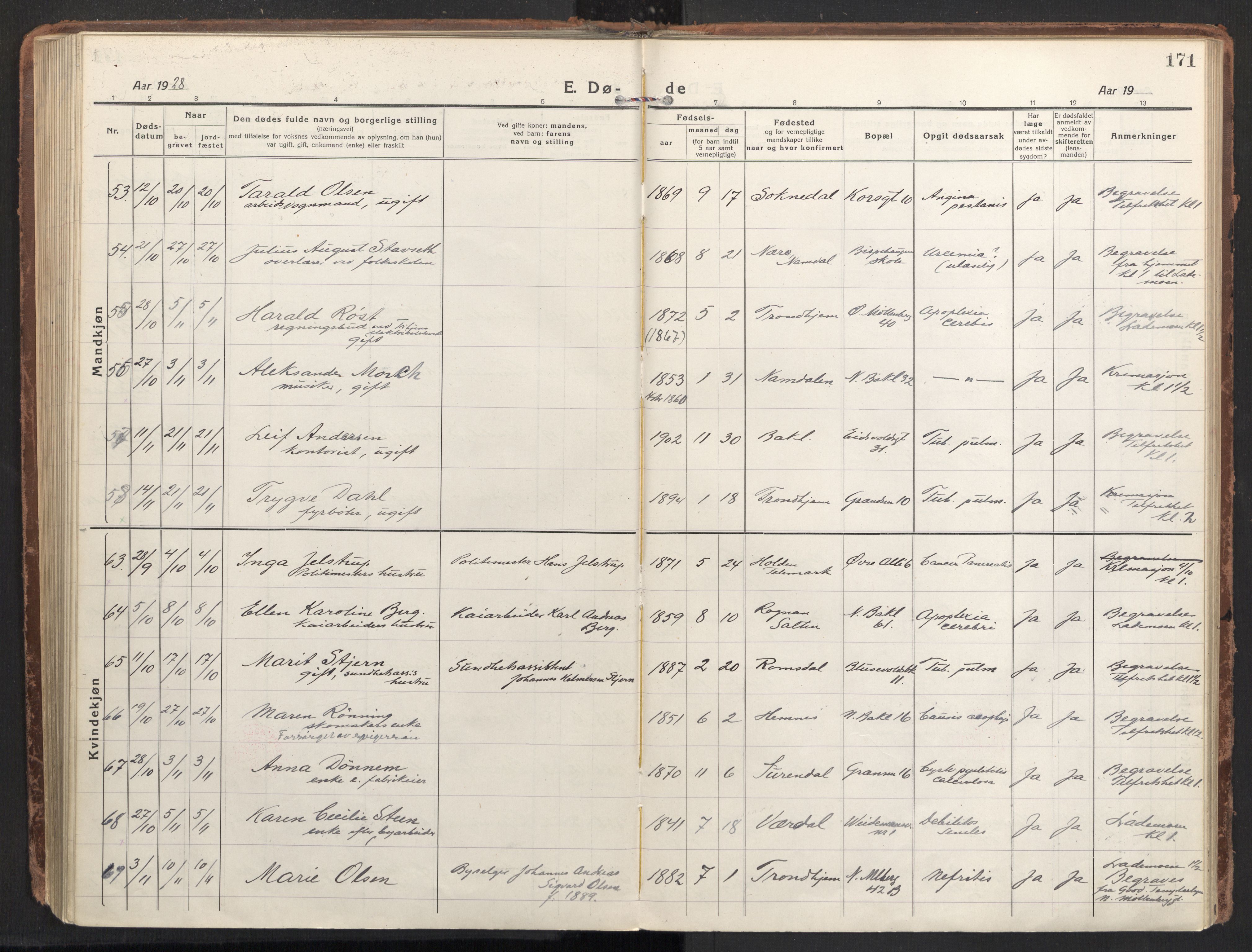 Ministerialprotokoller, klokkerbøker og fødselsregistre - Sør-Trøndelag, SAT/A-1456/604/L0207: Ministerialbok nr. 604A27, 1917-1933, s. 171
