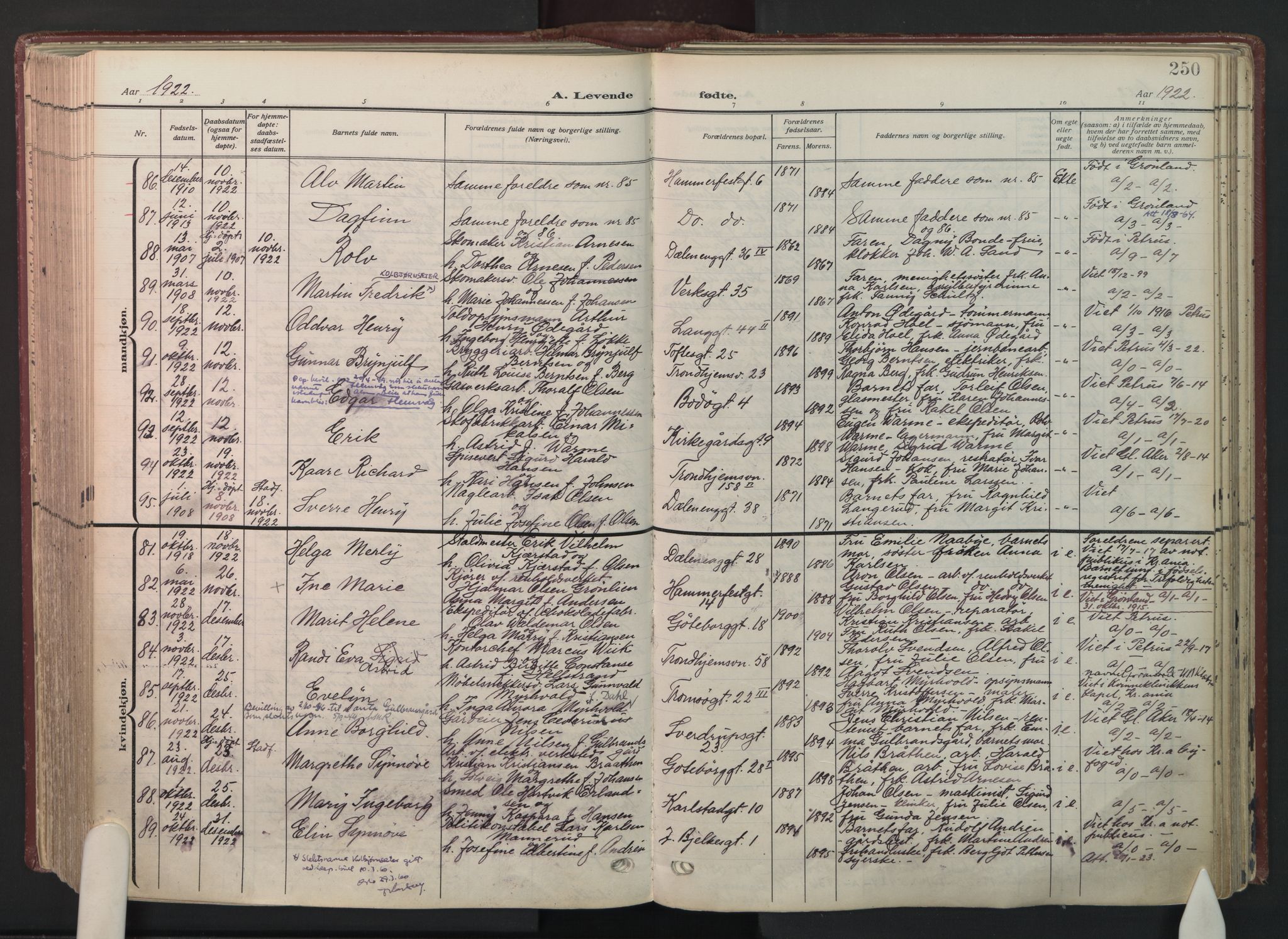 Petrus prestekontor Kirkebøker, AV/SAO-A-10872/F/Fa/L0012: Ministerialbok nr. I 12, 1909-1936, s. 250