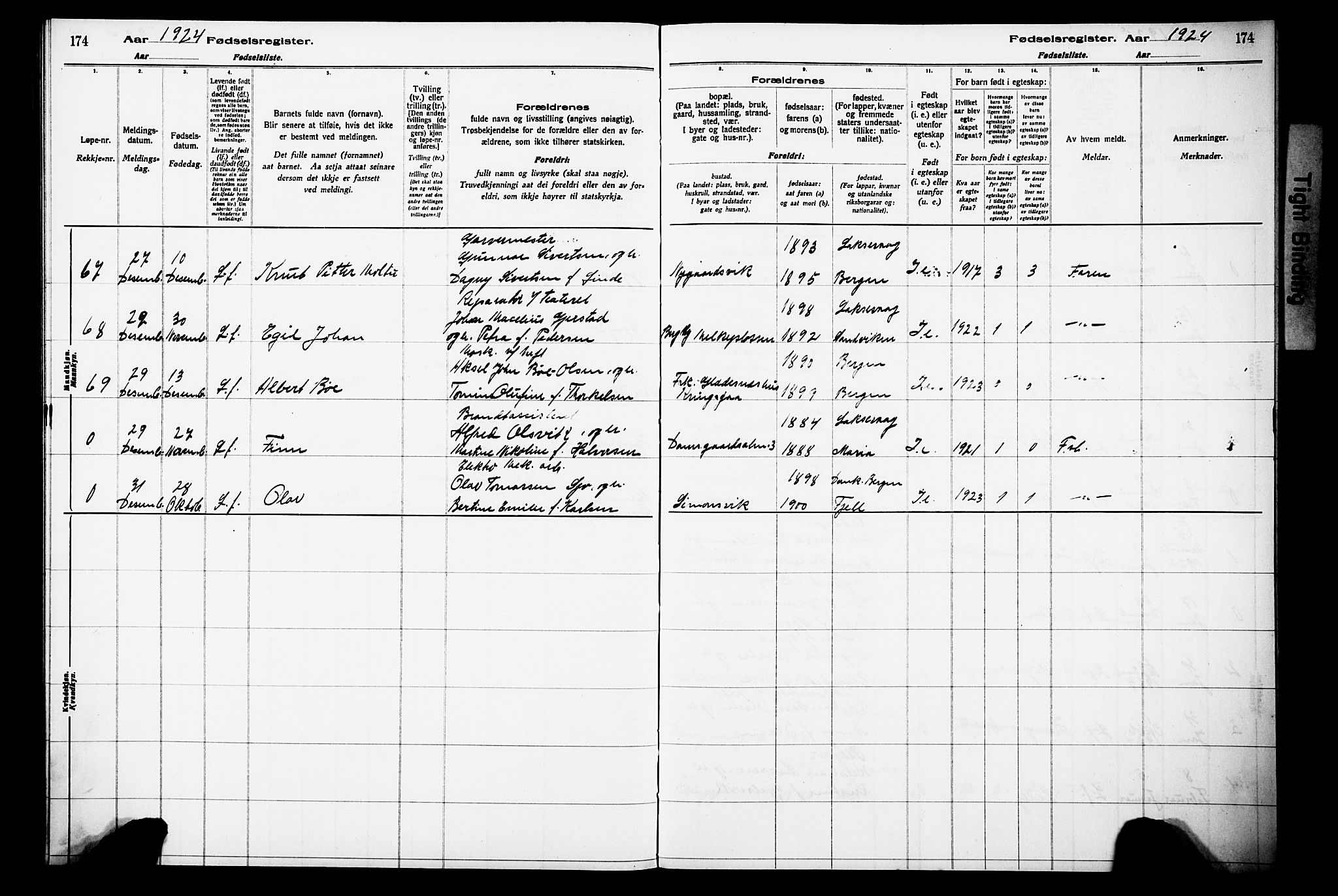 Laksevåg Sokneprestembete, AV/SAB-A-76501/I/Id/L00A1: Fødselsregister nr. A 1, 1916-1926, s. 174