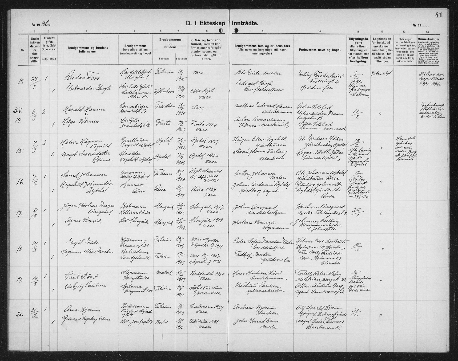 Ministerialprotokoller, klokkerbøker og fødselsregistre - Sør-Trøndelag, SAT/A-1456/602/L0152: Klokkerbok nr. 602C20, 1933-1940, s. 41