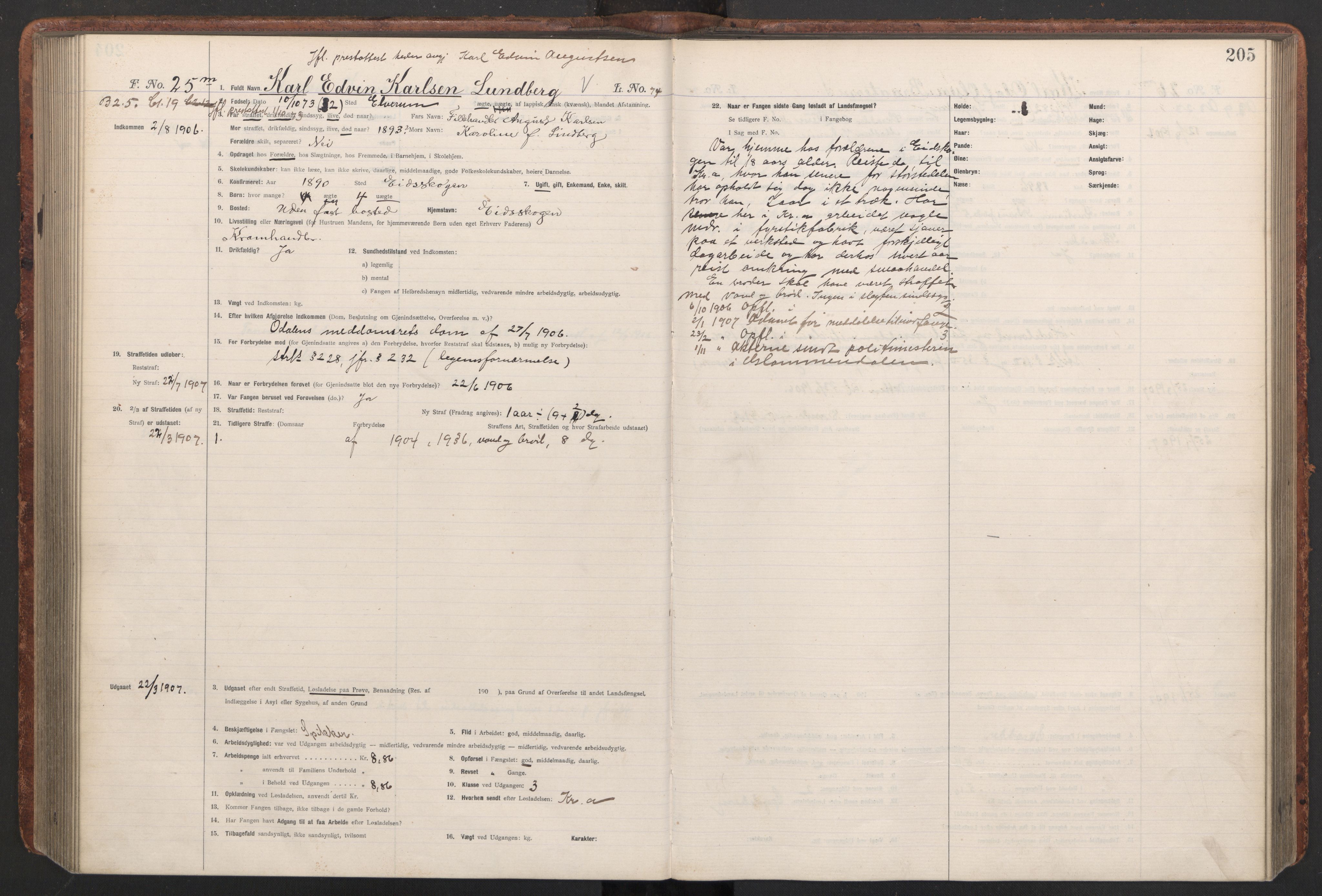 Botsfengslet, RA/S-1539/D/Db/Dbb/L0040: 821l - 171m, 1905-1907, s. 205