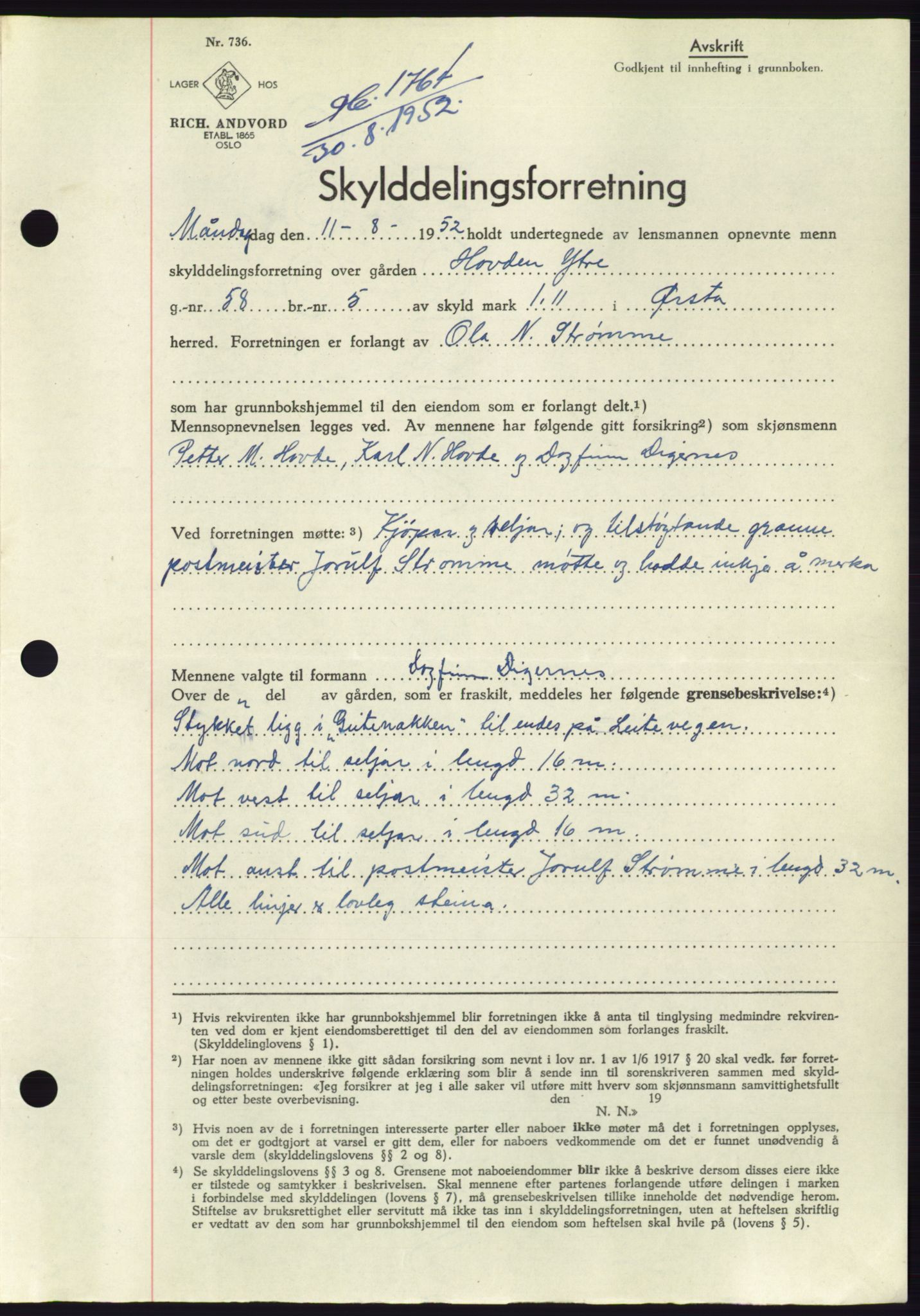 Søre Sunnmøre sorenskriveri, AV/SAT-A-4122/1/2/2C/L0092: Pantebok nr. 18A, 1952-1952, Dagboknr: 1764/1952