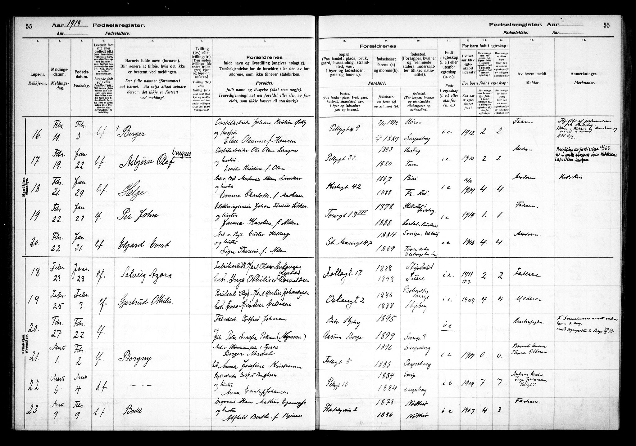 Sarpsborg prestekontor Kirkebøker, AV/SAO-A-2006/J/Ja/L0001: Fødselsregister nr. 1, 1916-1922, s. 55