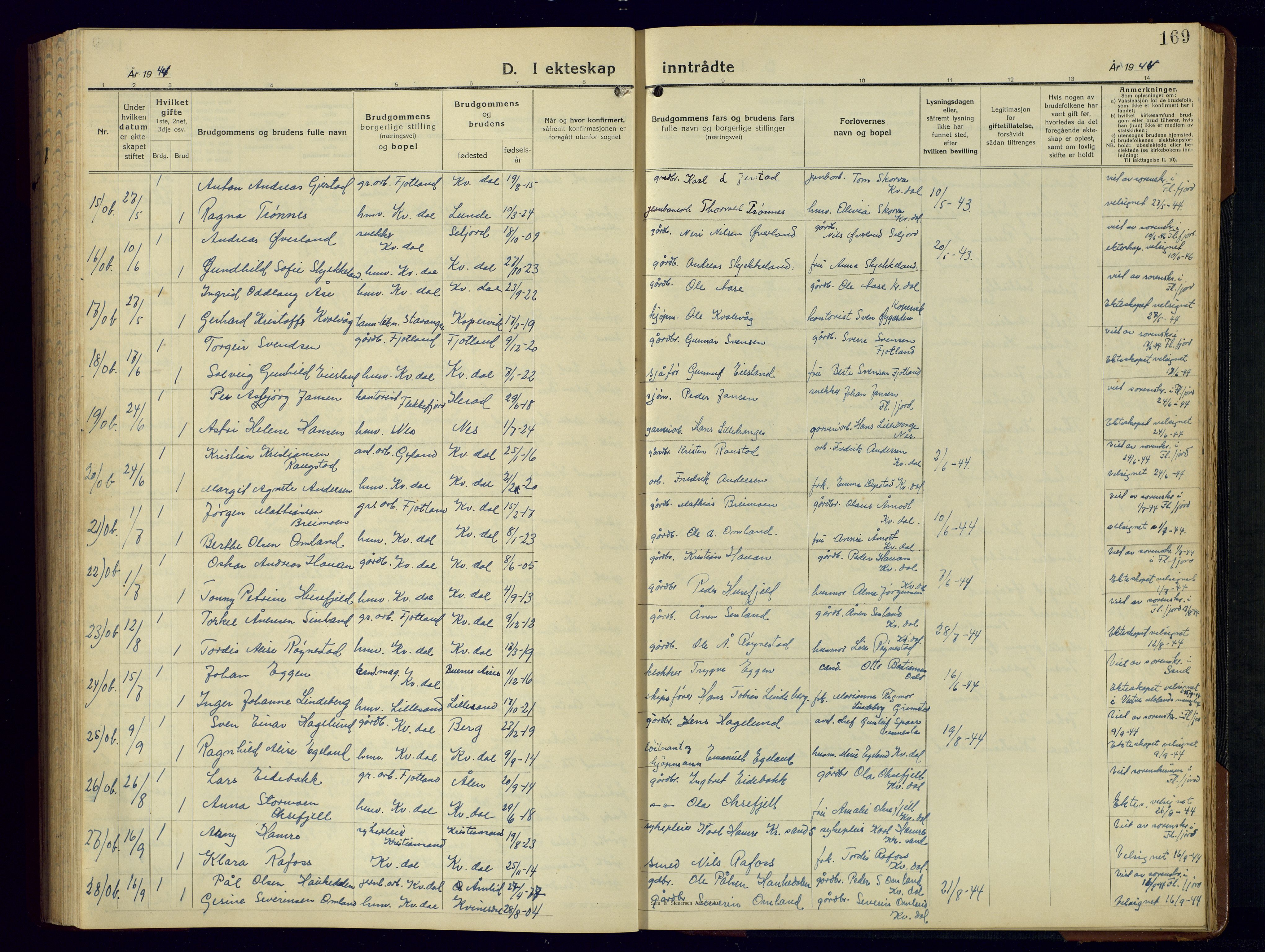 Kvinesdal sokneprestkontor, AV/SAK-1111-0026/F/Fb/Fbb/L0005: Klokkerbok nr. B 5, 1939-1956, s. 169