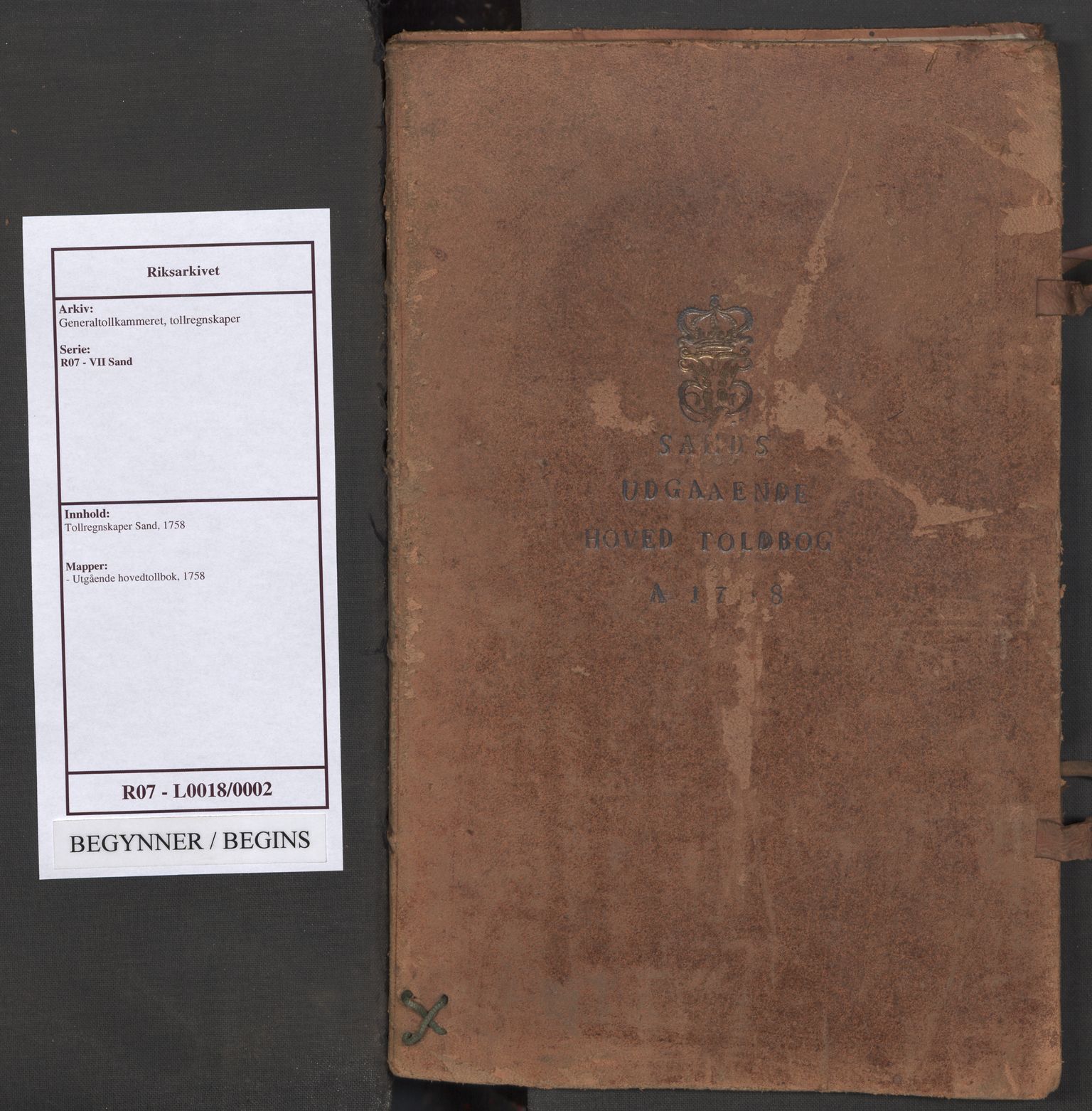 Generaltollkammeret, tollregnskaper, AV/RA-EA-5490/R07/L0018/0002: Tollregnskaper Sand / Utgående hovedtollbok, 1758