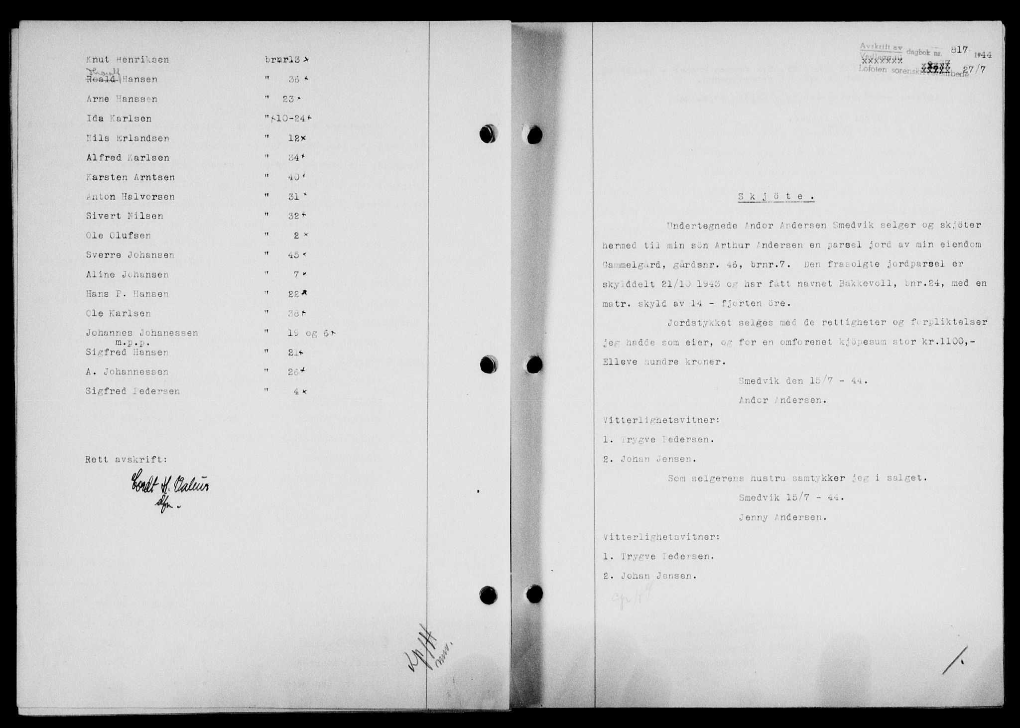 Lofoten sorenskriveri, SAT/A-0017/1/2/2C/L0012a: Pantebok nr. 12a, 1943-1944, Dagboknr: 817/1944