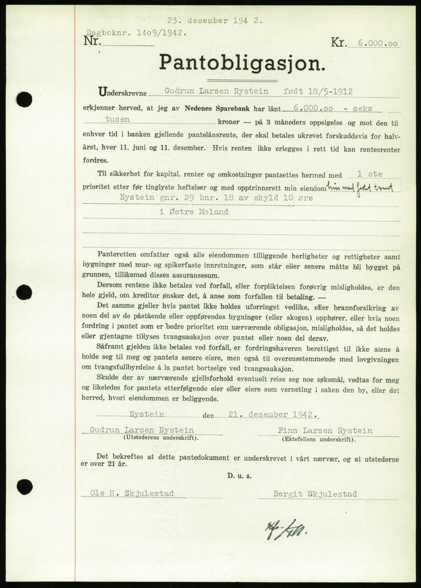 Nedenes sorenskriveri, SAK/1221-0006/G/Gb/Gbb/L0002: Pantebok nr. II, 1942-1945, Dagboknr: 1409/1942