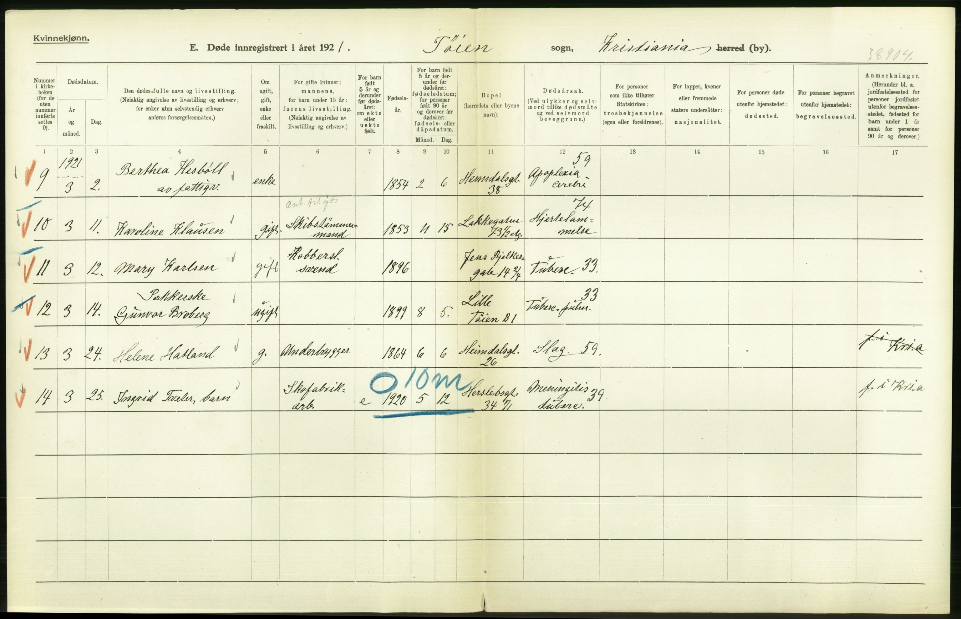 Statistisk sentralbyrå, Sosiodemografiske emner, Befolkning, AV/RA-S-2228/D/Df/Dfc/Dfca/L0013: Kristiania: Døde, dødfødte, 1921, s. 122