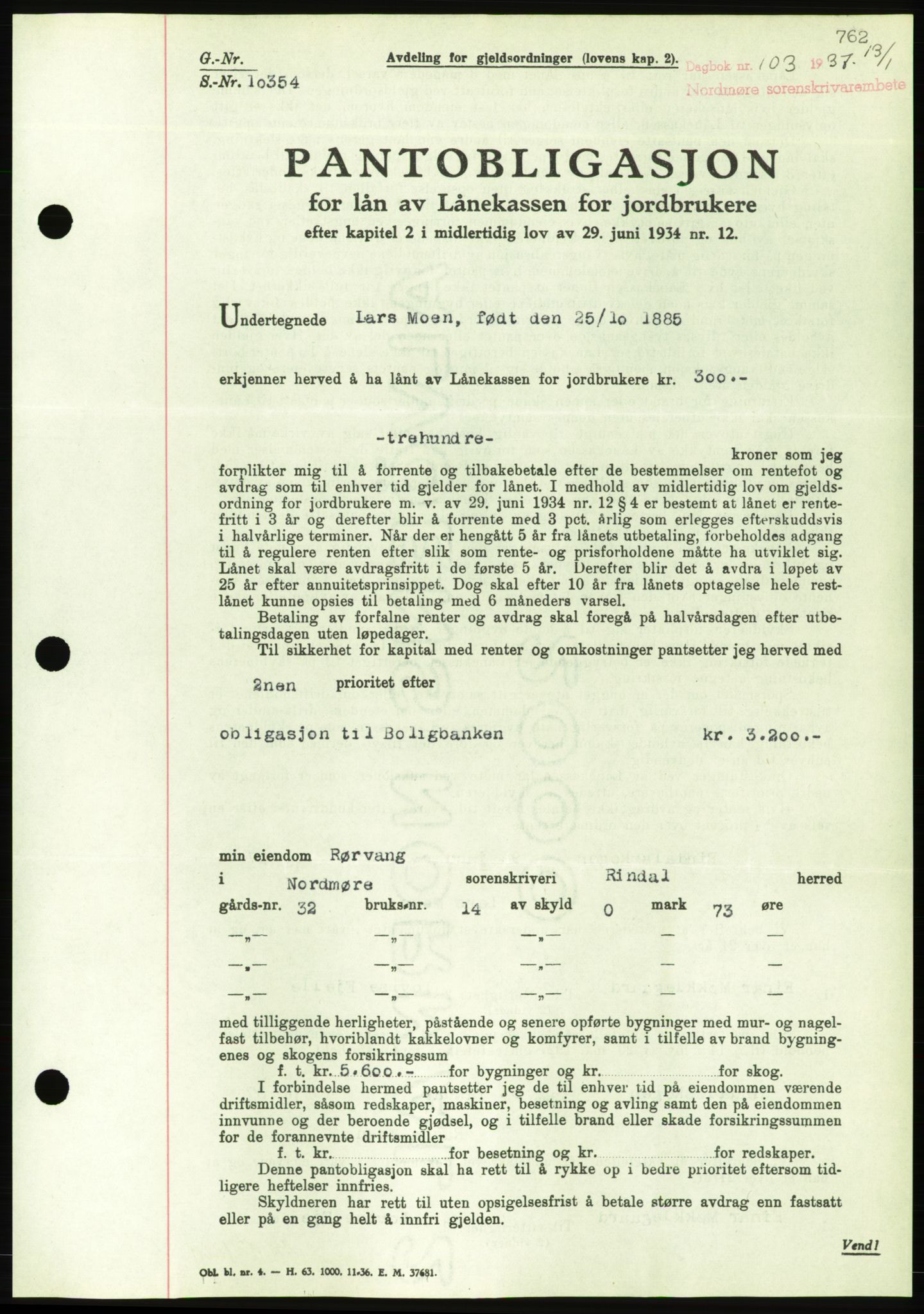 Nordmøre sorenskriveri, AV/SAT-A-4132/1/2/2Ca/L0090: Pantebok nr. B80, 1936-1937, Dagboknr: 103/1937