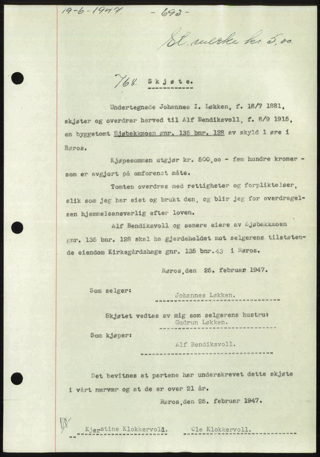 Gauldal sorenskriveri, SAT/A-0014/1/2/2C: Pantebok nr. A3, 1947-1947, Dagboknr: 768/1947