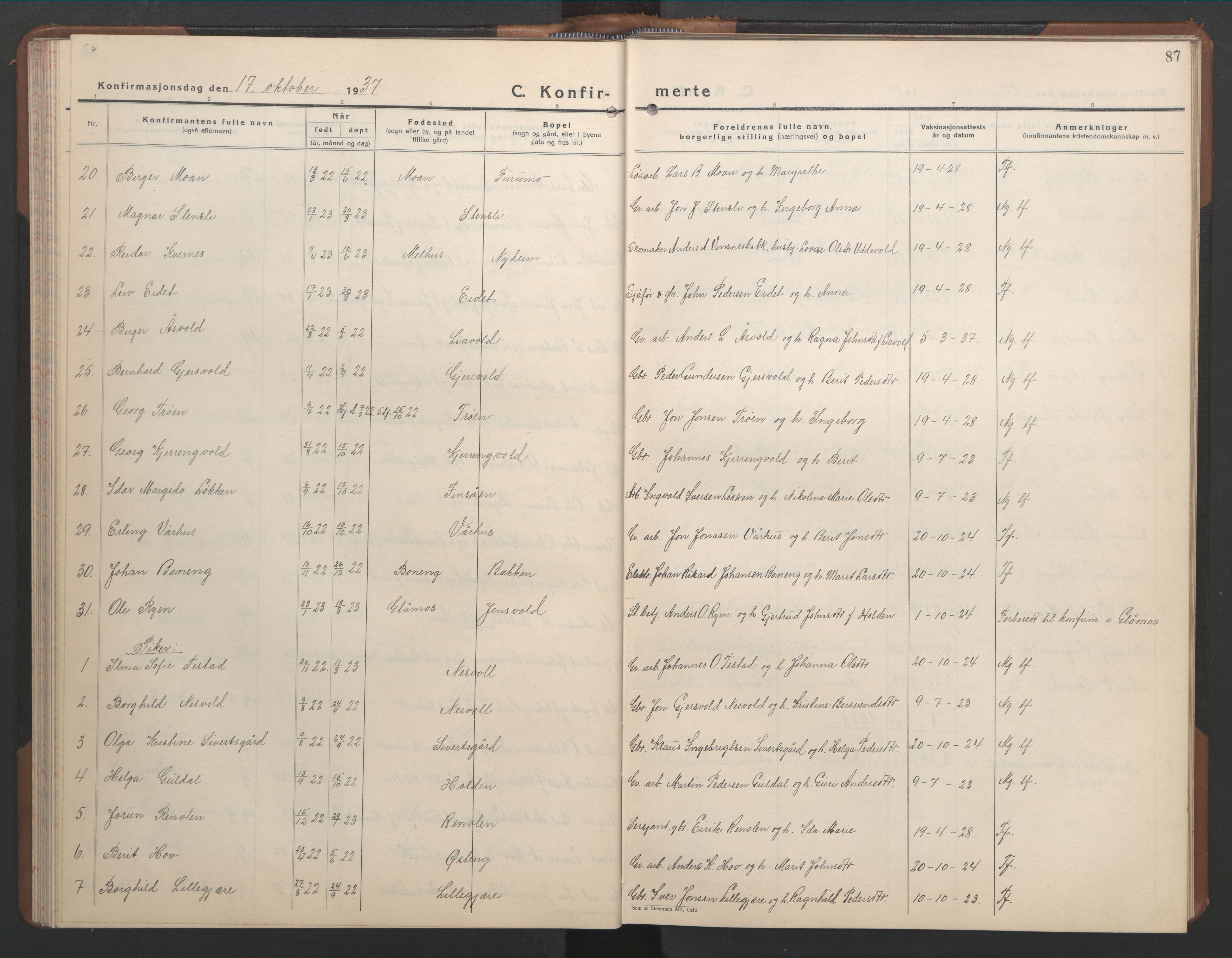 Ministerialprotokoller, klokkerbøker og fødselsregistre - Sør-Trøndelag, SAT/A-1456/686/L0986: Klokkerbok nr. 686C02, 1933-1950, s. 87