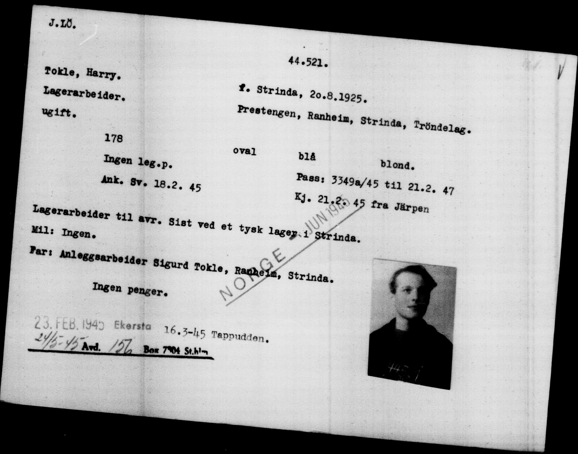 Utenriksstasjonene, Legasjonen i Stockholm, Flyktningkontoret, AV/RA-S-6753/V/Va/L0017: Kjesäterkartoteket, flyktninger med registreringsnr. 43400-46318, 1940-1945, s. 1174