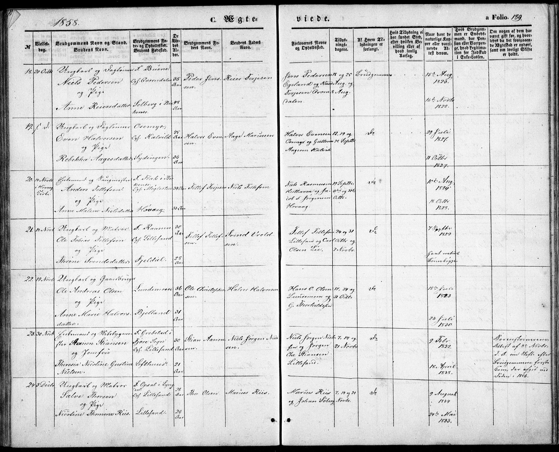 Vestre Moland sokneprestkontor, AV/SAK-1111-0046/F/Fb/Fbb/L0003: Klokkerbok nr. B 3, 1851-1861, s. 189