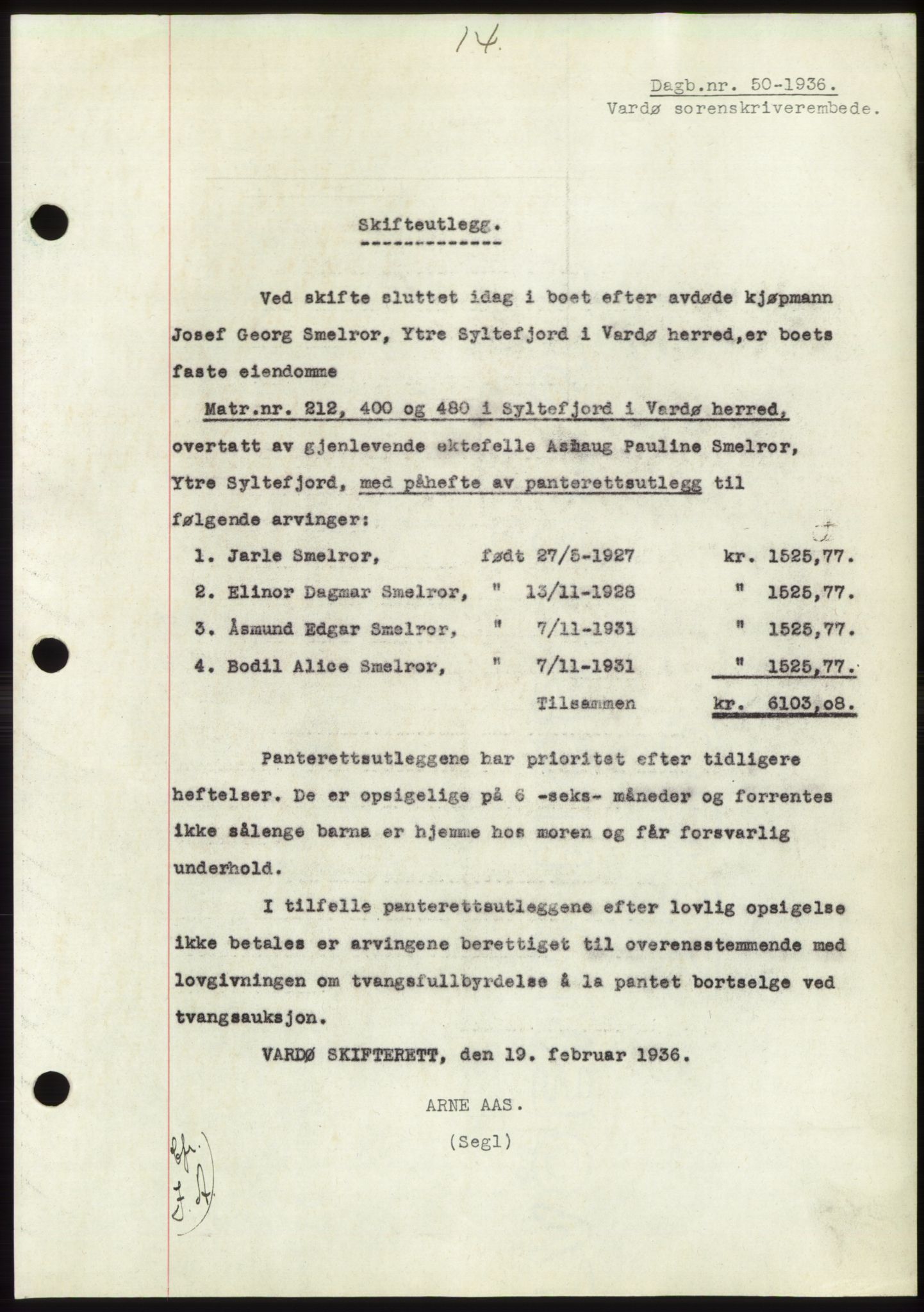 Vardø fogderi-sorenskriveri, SATØ/S-0060/1/L/Li/L0001pantebokB: Pantebok nr. B1 - B4, 1936-1950, Dagboknr: 50/1936