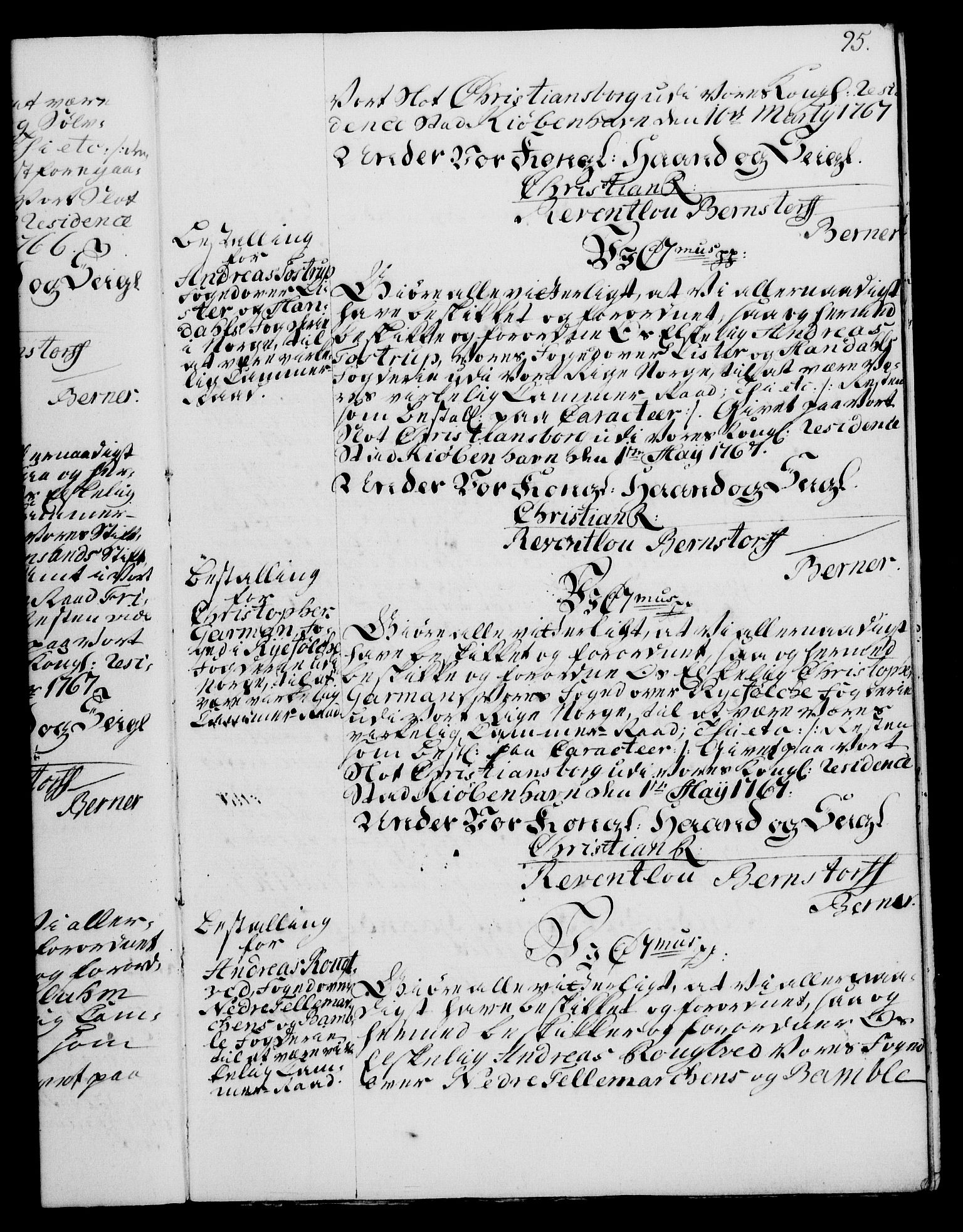 Rentekammeret, Kammerkanselliet, RA/EA-3111/G/Gg/Gge/L0004: Norsk bestallingsprotokoll med register (merket RK 53.28), 1762-1771, s. 95