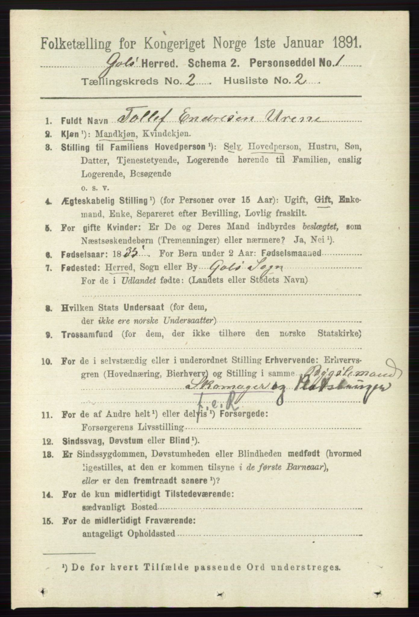 RA, Folketelling 1891 for 0617 Gol og Hemsedal herred, 1891, s. 720