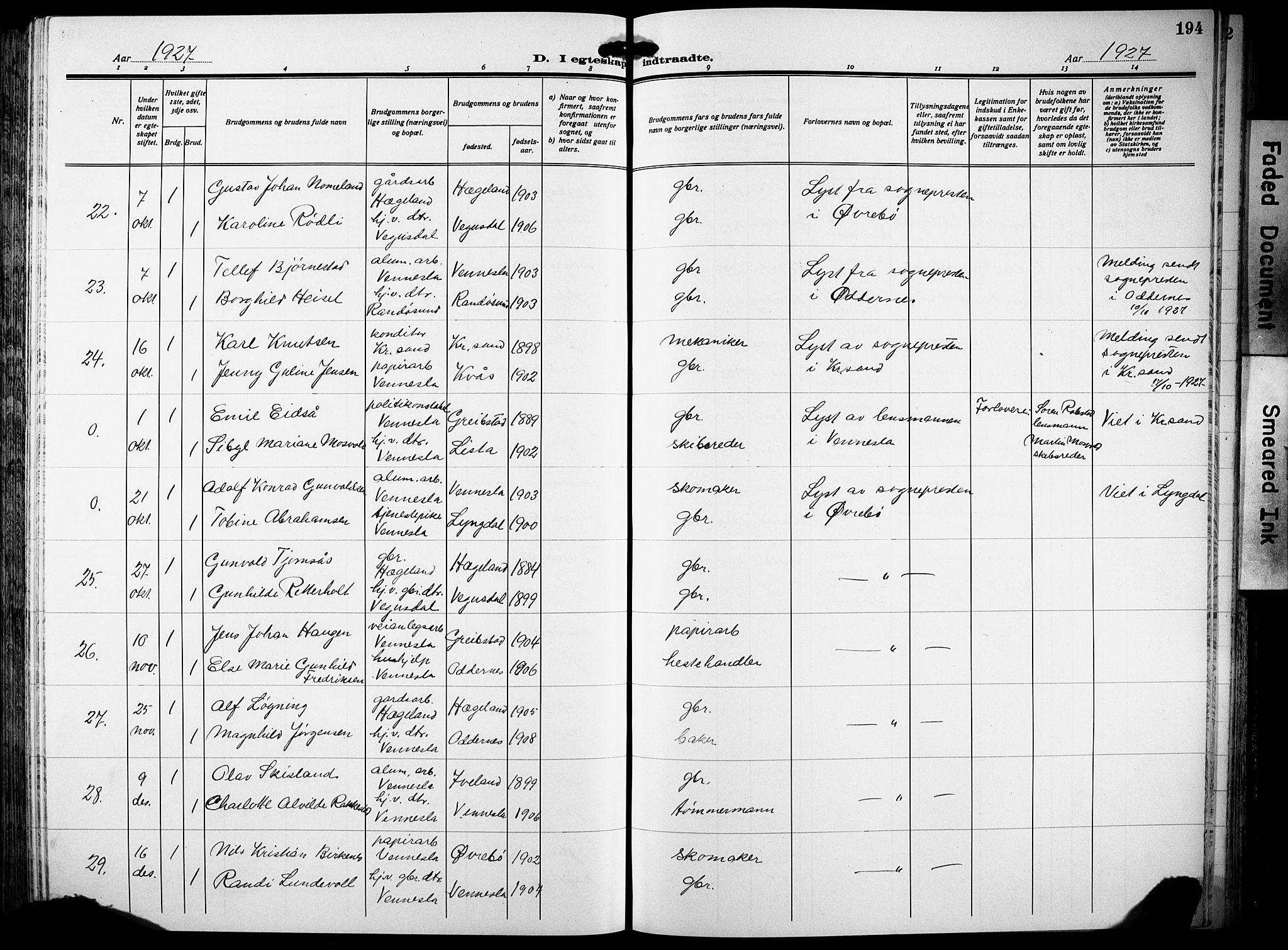 Vennesla sokneprestkontor, AV/SAK-1111-0045/Fb/Fbb/L0007: Klokkerbok nr. B 7, 1922-1933, s. 194