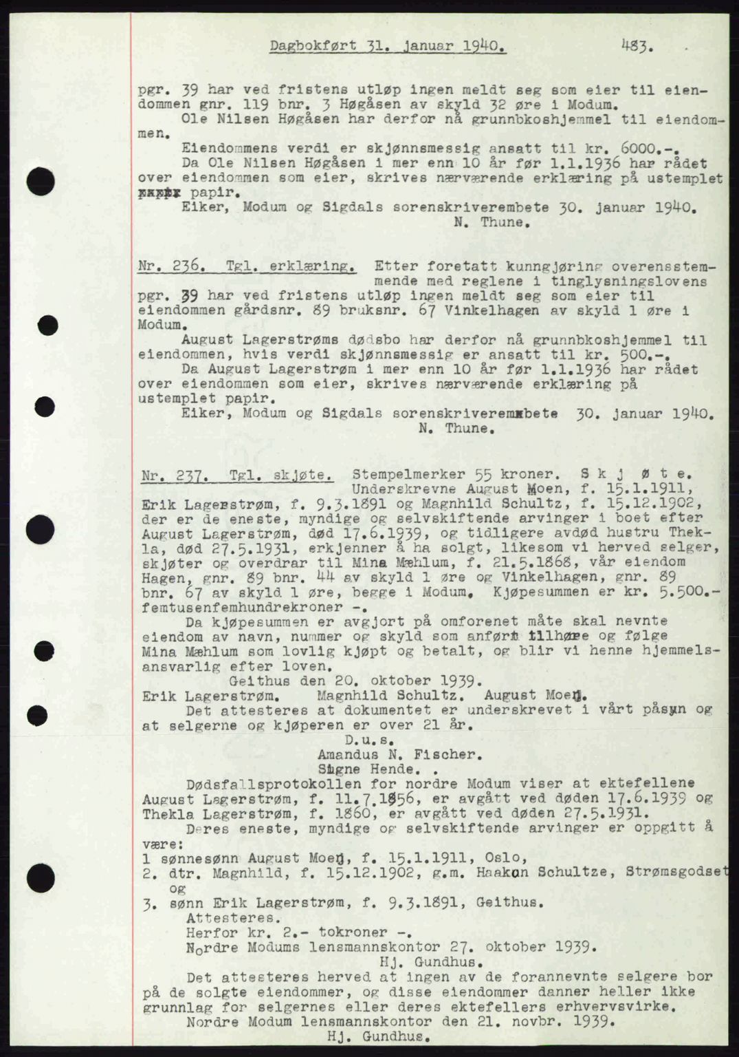 Eiker, Modum og Sigdal sorenskriveri, SAKO/A-123/G/Ga/Gab/L0041: Pantebok nr. A11, 1939-1940, Dagboknr: 236/1940