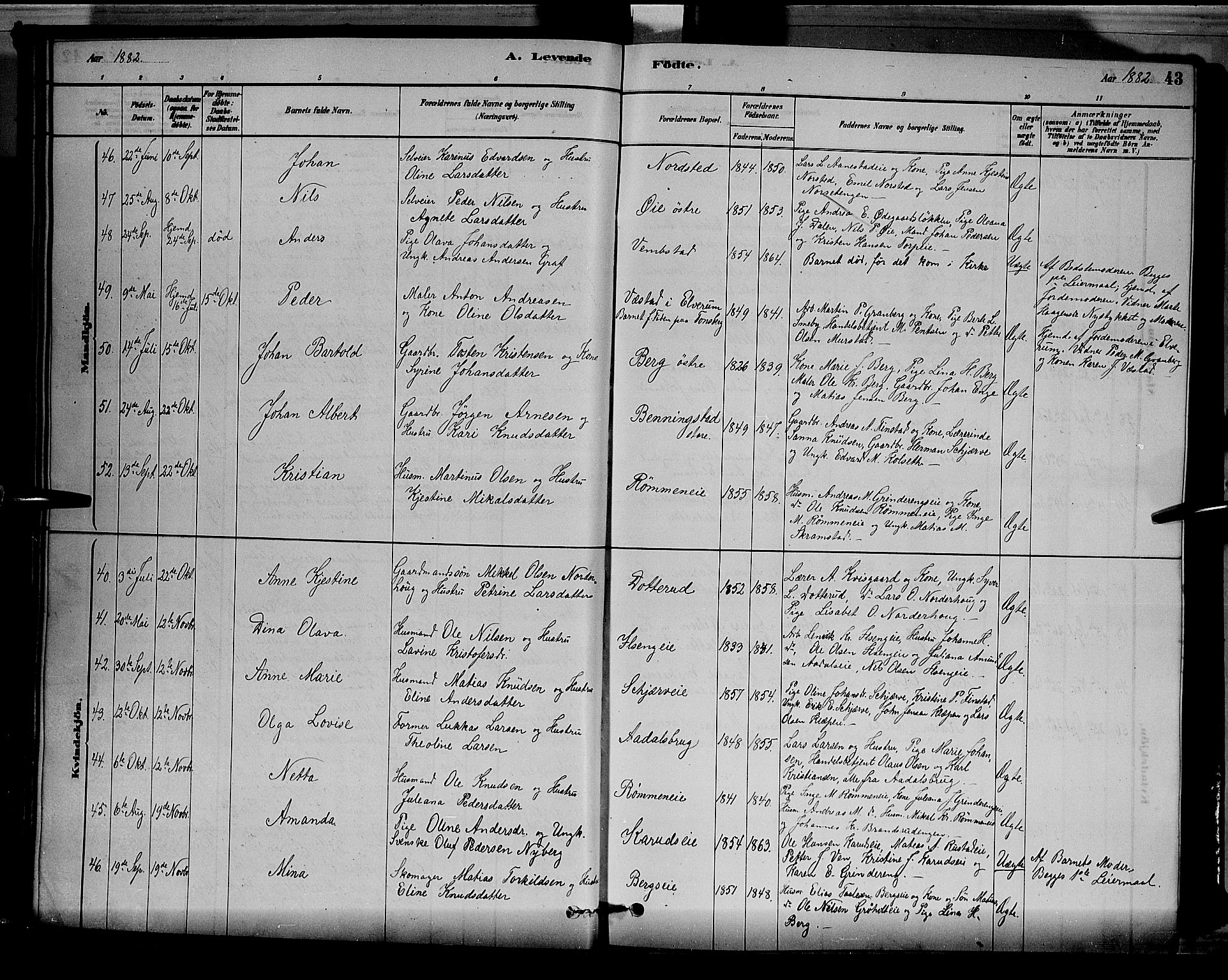 Løten prestekontor, AV/SAH-PREST-022/L/La/L0005: Klokkerbok nr. 5, 1878-1891, s. 43