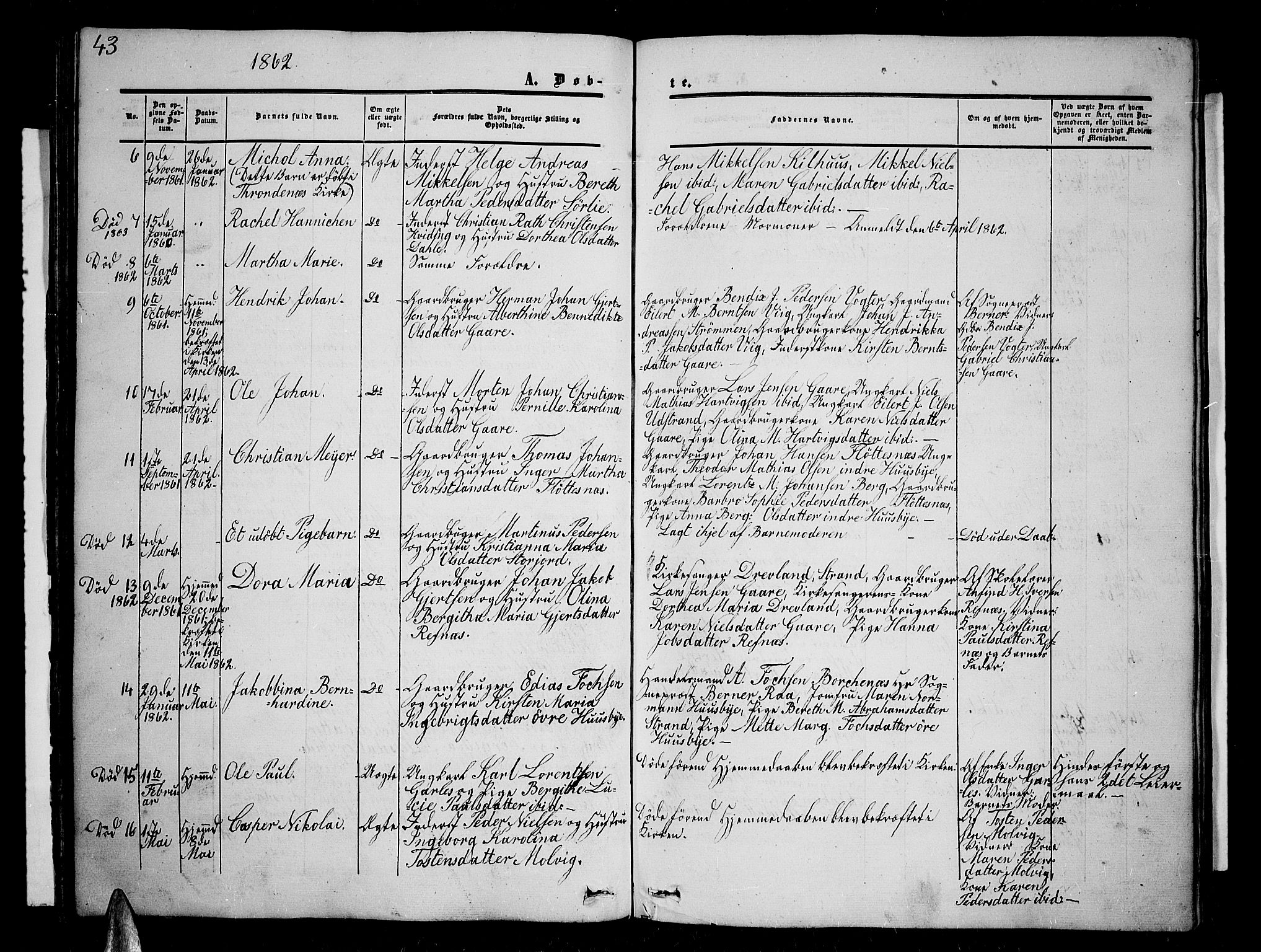 Kvæfjord sokneprestkontor, AV/SATØ-S-1323/G/Ga/Gab/L0003klokker: Klokkerbok nr. 3, 1856-1870, s. 43