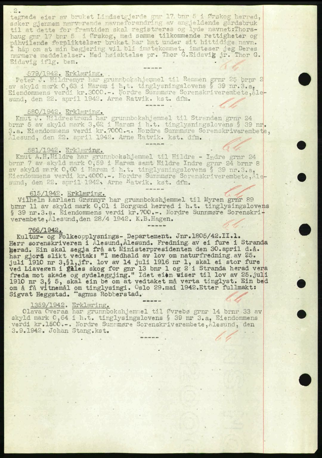 Nordre Sunnmøre sorenskriveri, AV/SAT-A-0006/1/2/2C/2Ca: Pantebok nr. A13, 1942-1942, Dagboknr: 228/1942