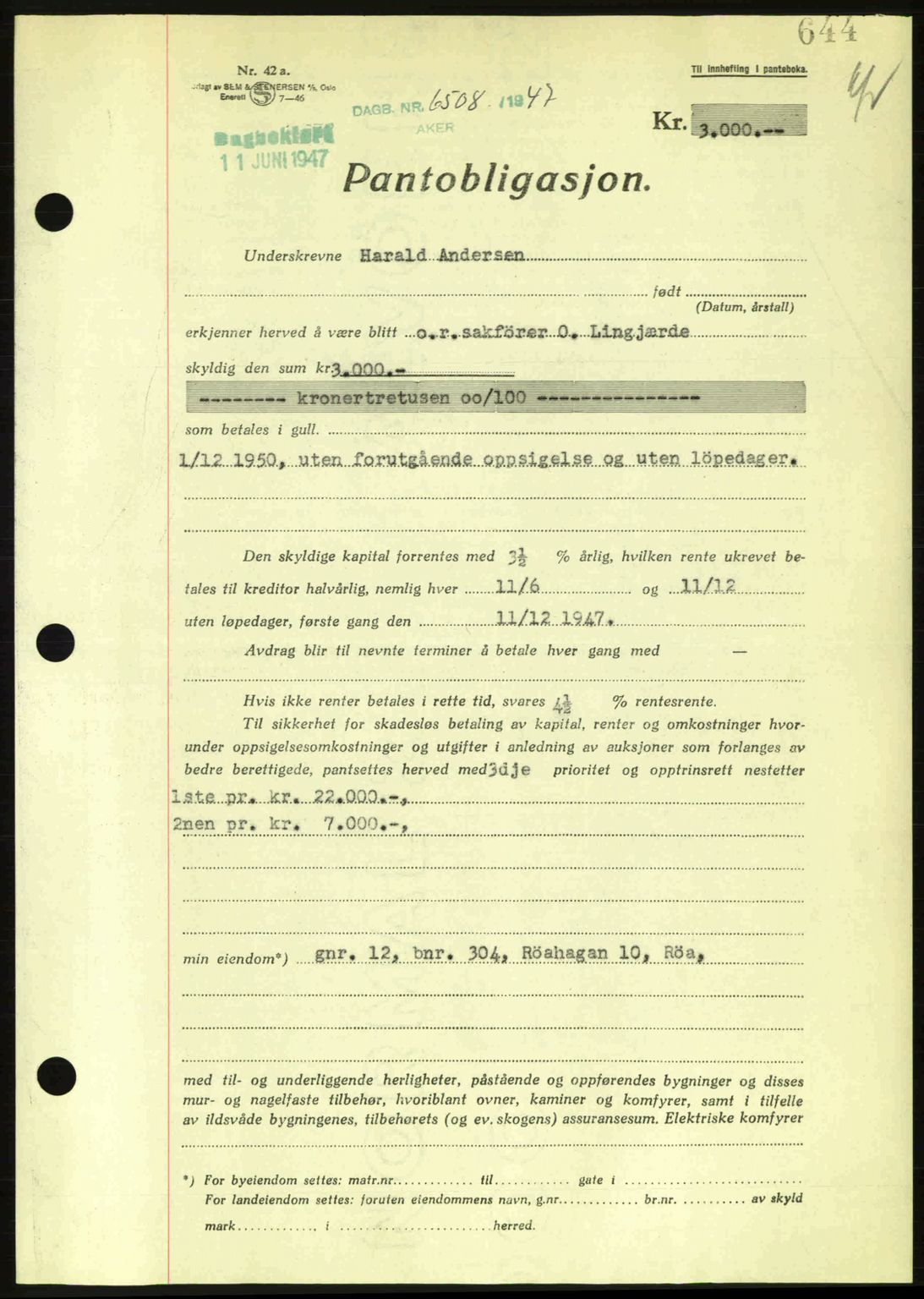 Aker herredsskriveri, SAO/A-10896/G/Gb/Gba/Gbac/L0044: Pantebok nr. B216-217, 1947-1947, Dagboknr: 6508/1947