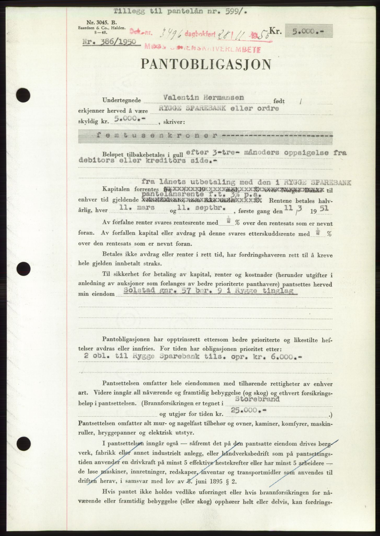 Moss sorenskriveri, SAO/A-10168: Pantebok nr. B25, 1950-1950, Dagboknr: 3496/1950