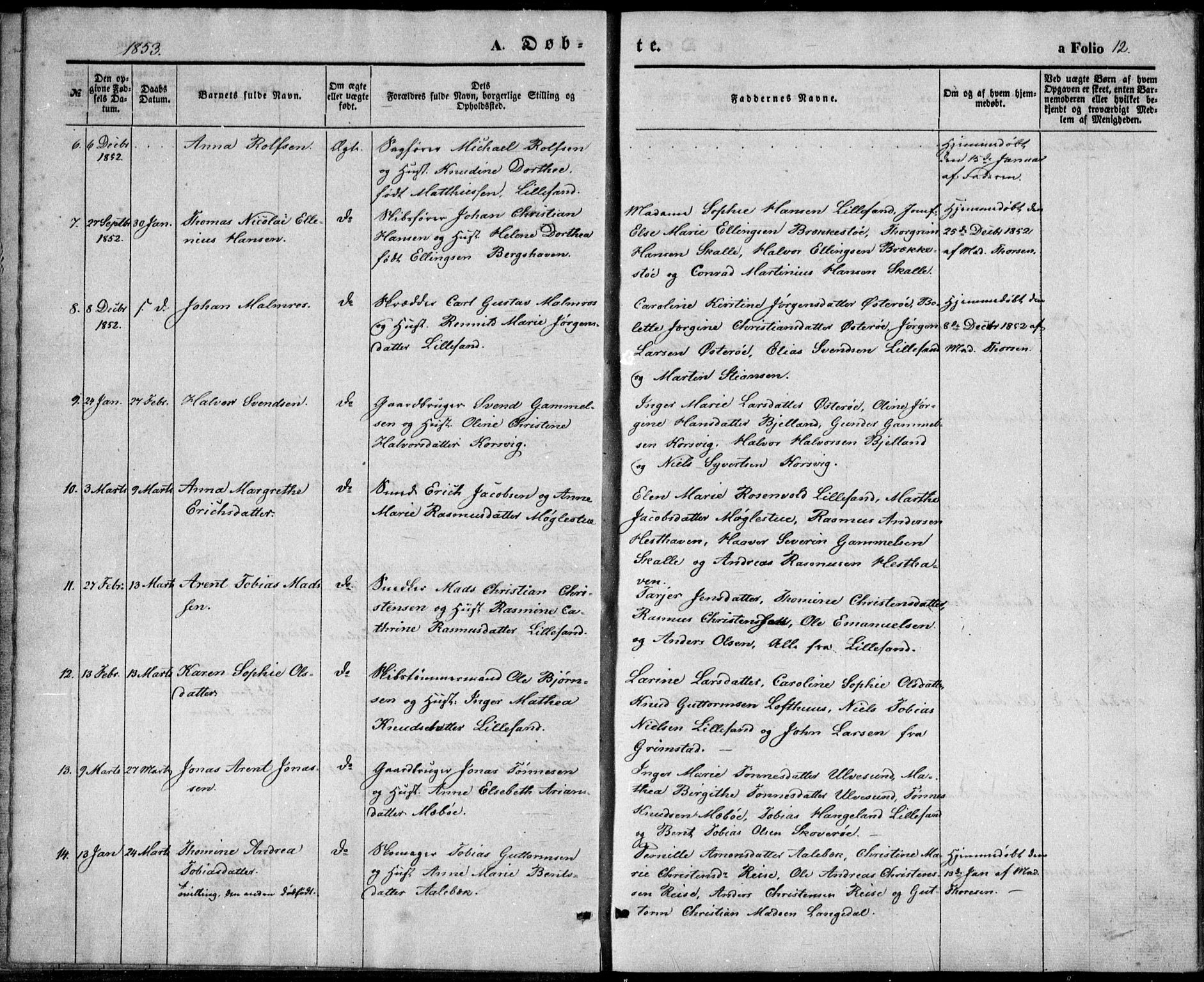 Vestre Moland sokneprestkontor, AV/SAK-1111-0046/F/Fb/Fbb/L0003: Klokkerbok nr. B 3, 1851-1861, s. 12