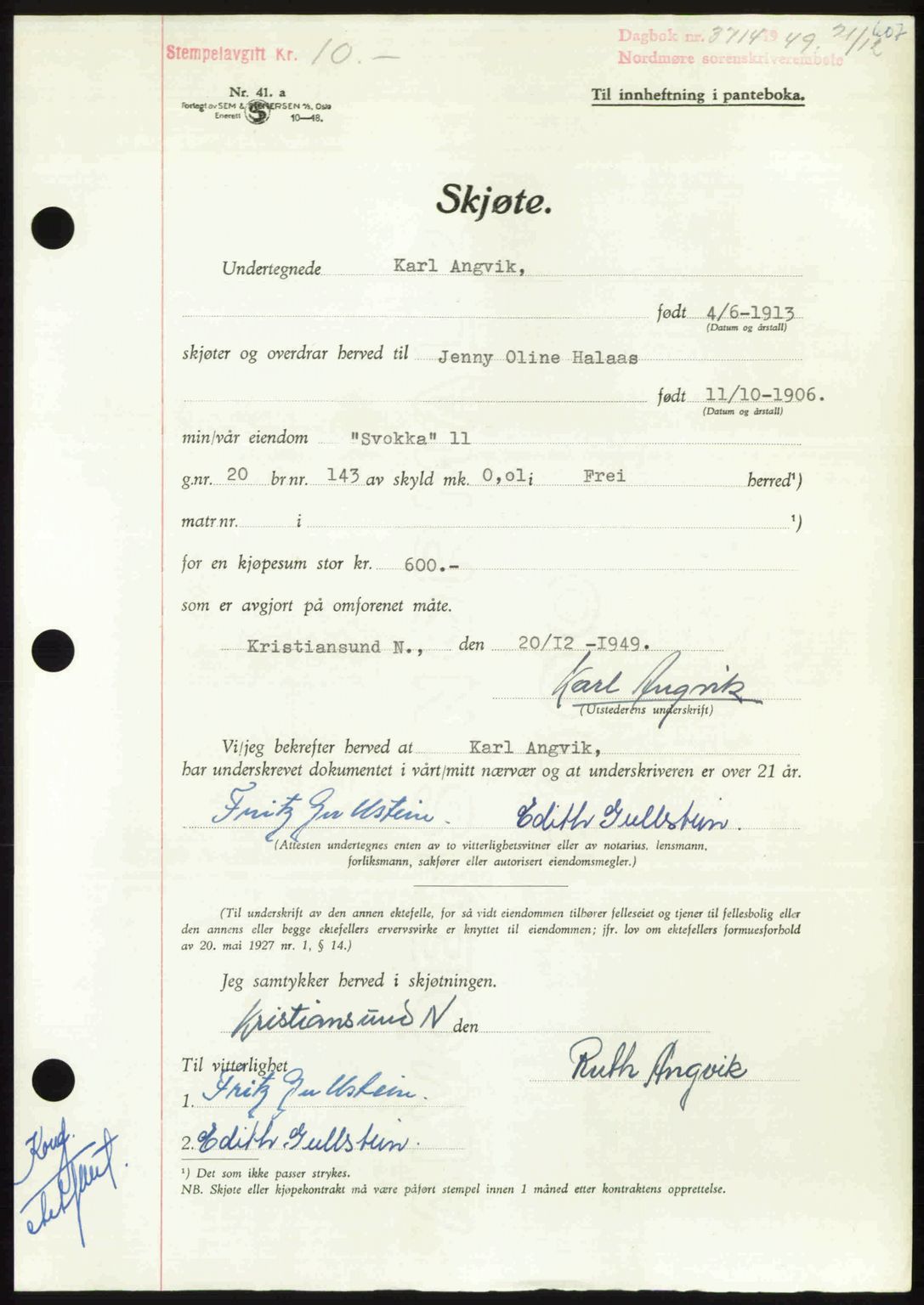 Nordmøre sorenskriveri, AV/SAT-A-4132/1/2/2Ca: Pantebok nr. A113, 1949-1950, Dagboknr: 3714/1949