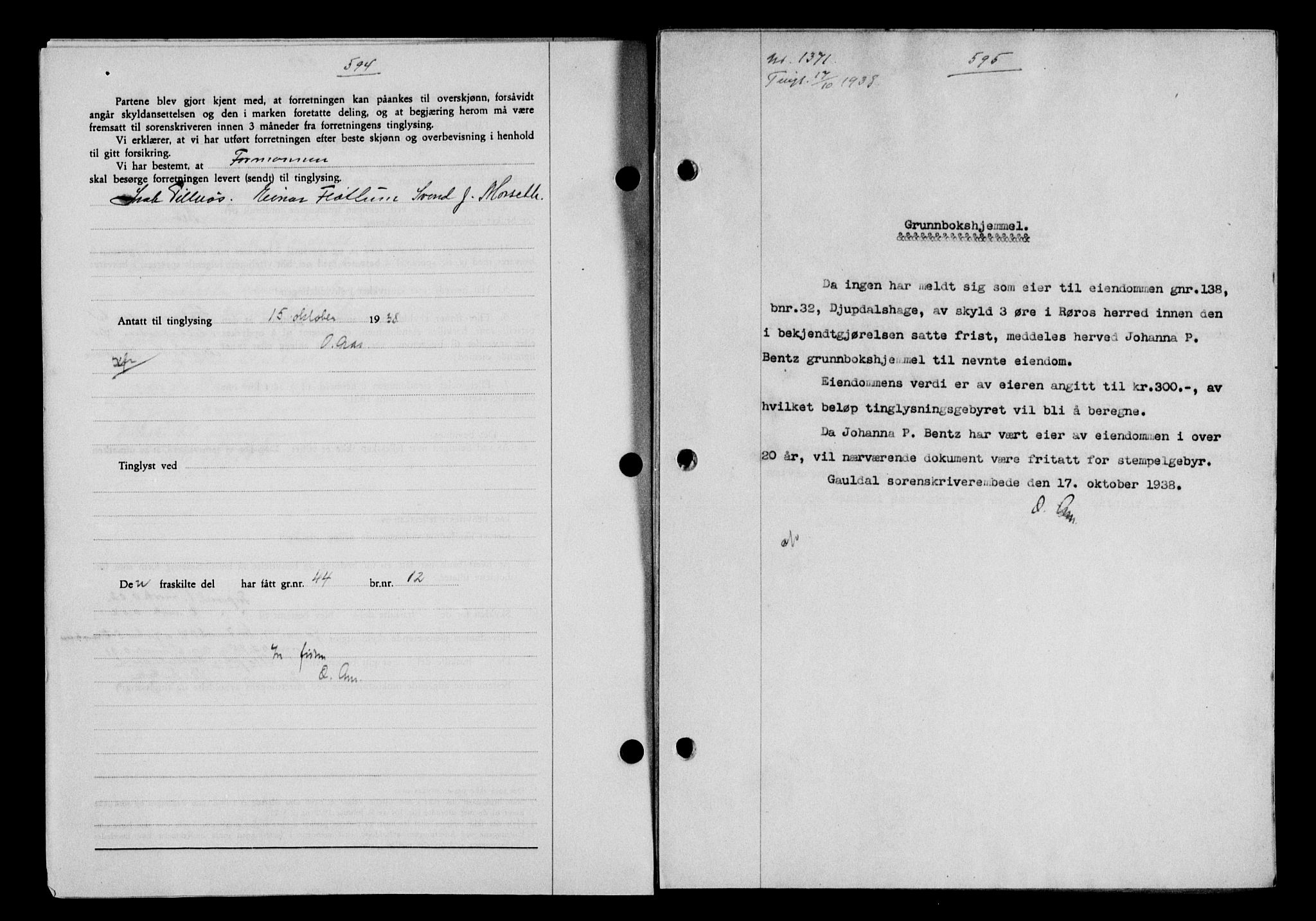 Gauldal sorenskriveri, SAT/A-0014/1/2/2C/L0049: Pantebok nr. 53, 1938-1938, Dagboknr: 1371/1938