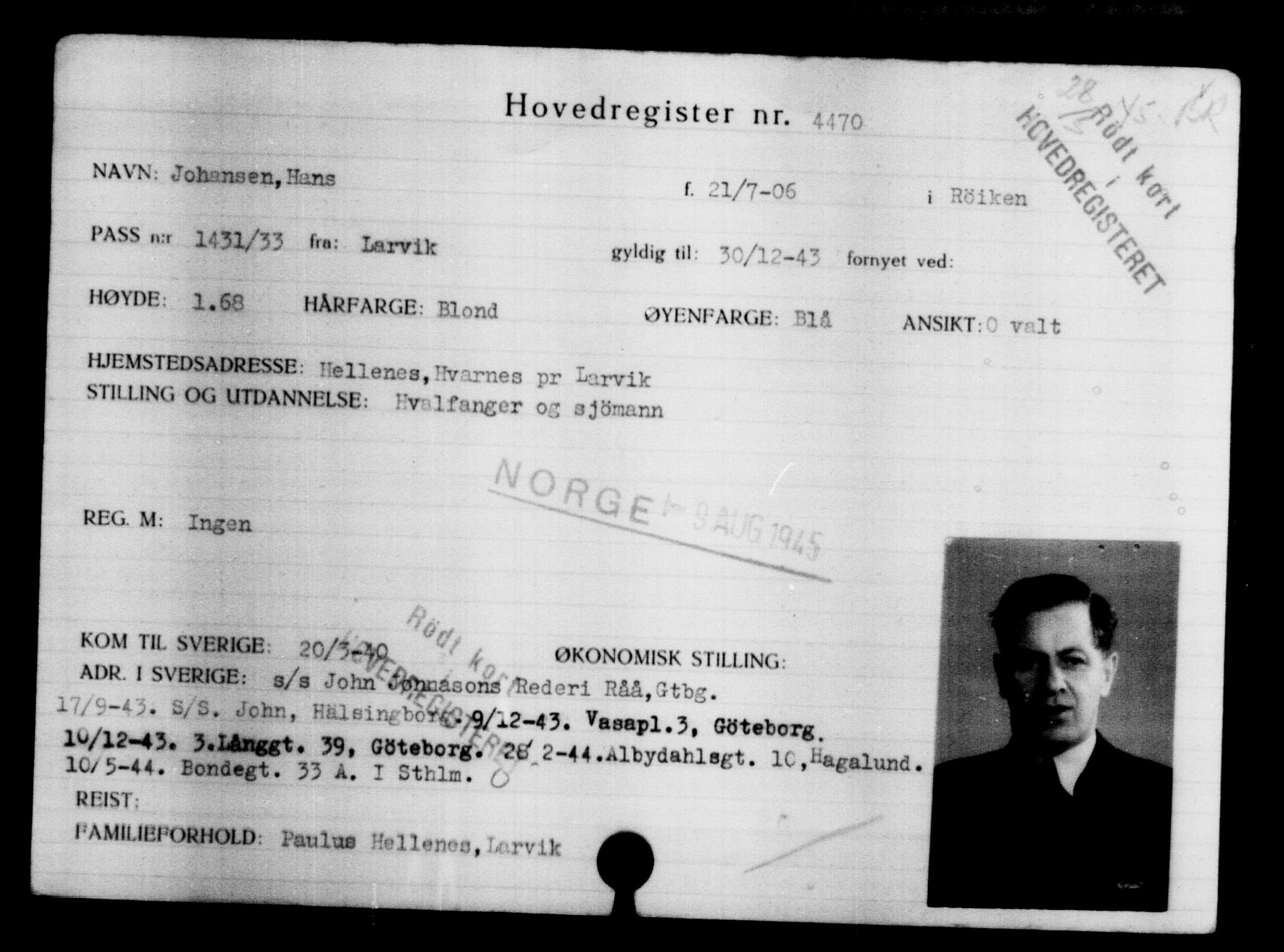 Utenriksstasjonene, Legasjonen i Stockholm, Flyktningkontoret, AV/RA-S-6753/V/Va/L0004: Kjesäterkartoteket, flyktninger med registreringsnr. 3496-6610, 1940-1945, s. 1173