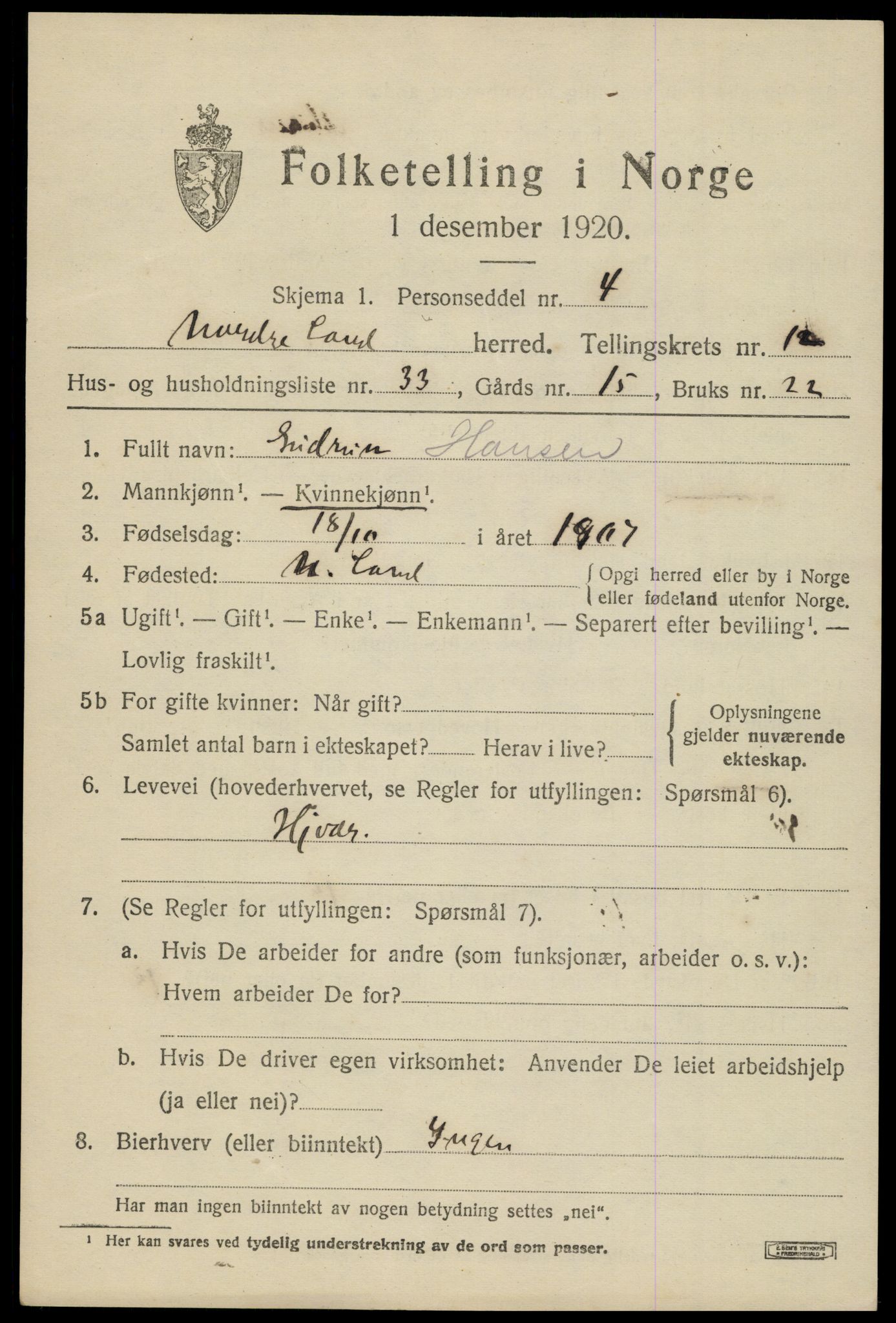 SAH, Folketelling 1920 for 0538 Nordre Land herred, 1920, s. 6208