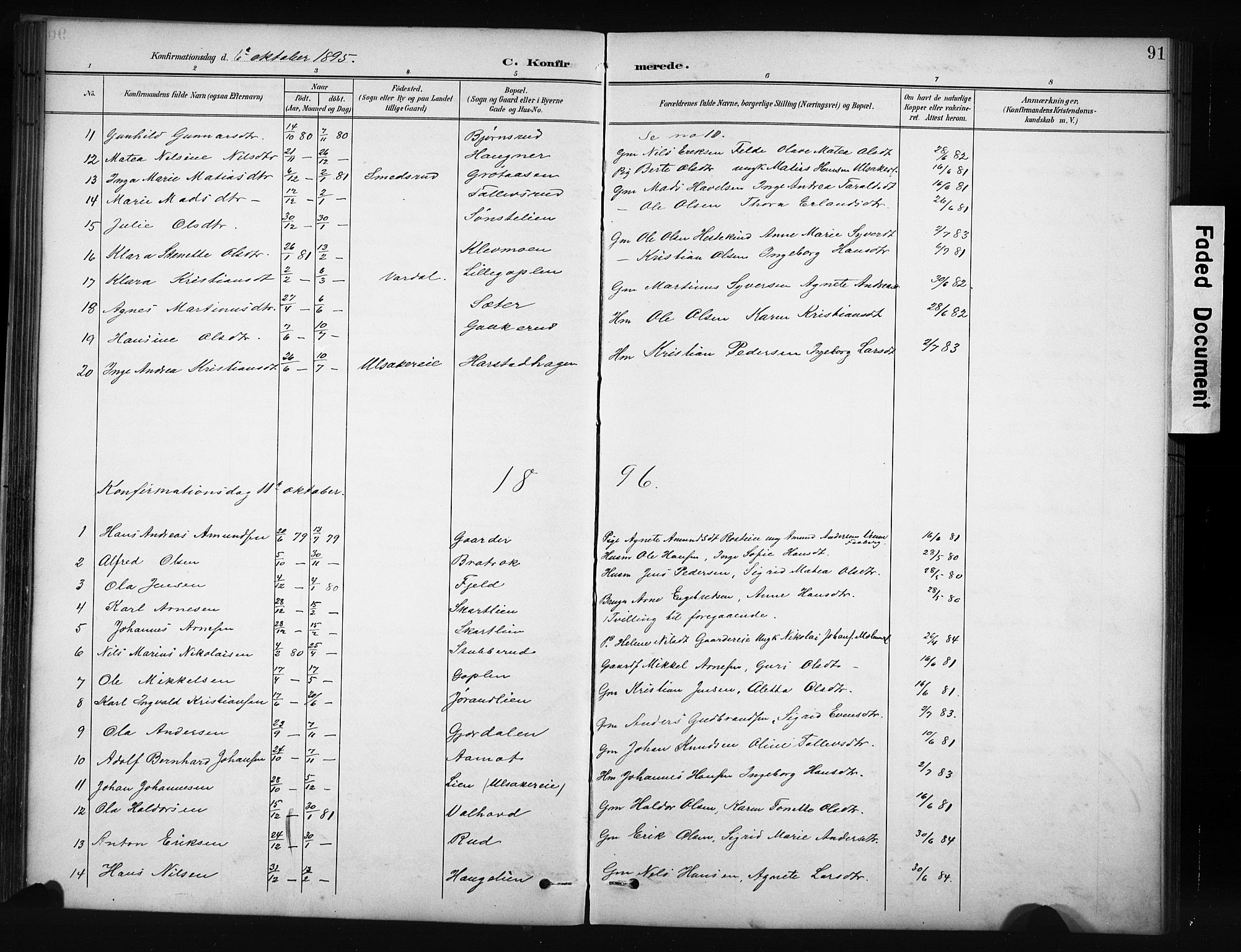 Nordre Land prestekontor, SAH/PREST-124/H/Ha/Hab/L0012: Klokkerbok nr. 12, 1891-1909, s. 91